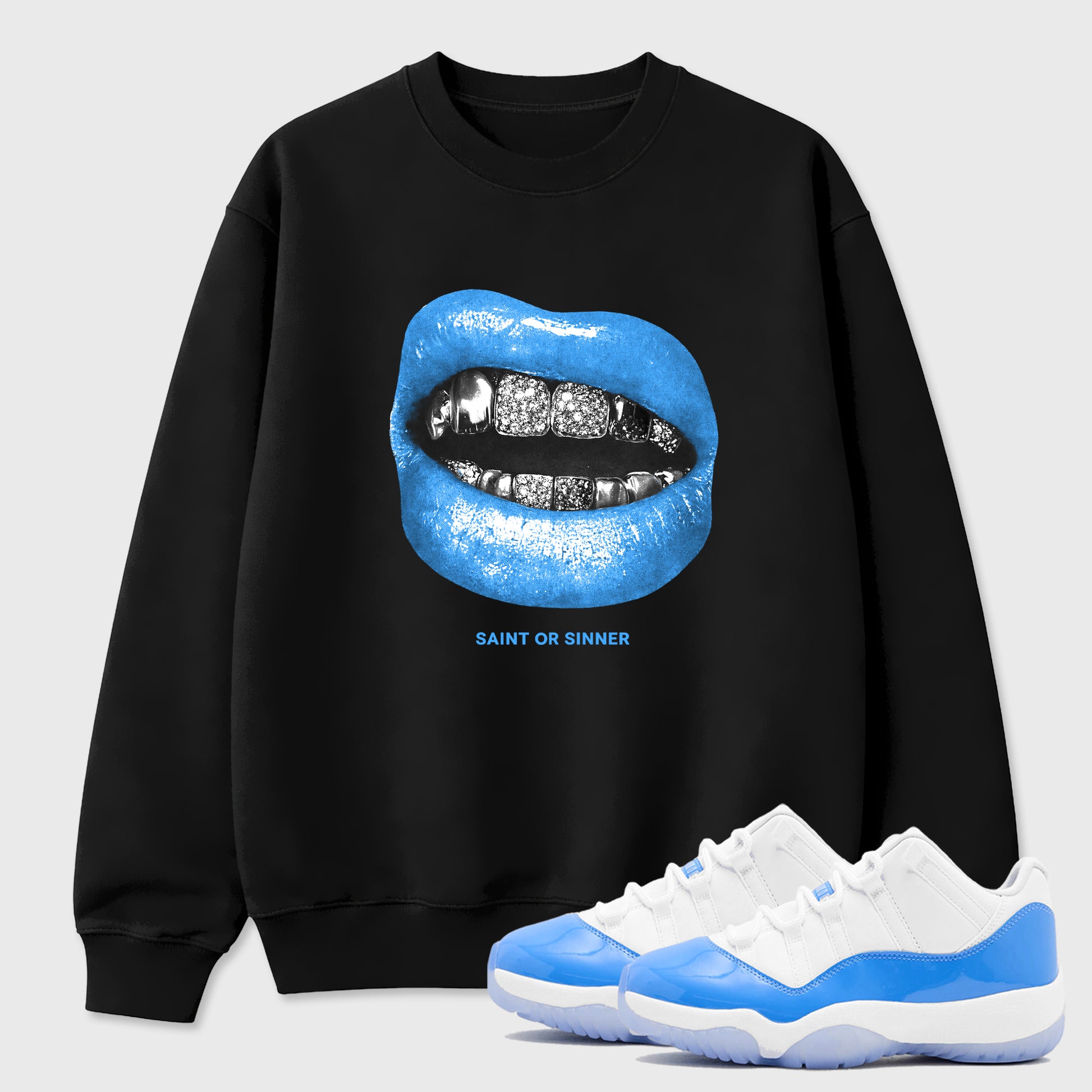 Sneaker match tees – Sneaker Tees To Match Air Jordan 11 University Blue Shoes – Saint Or Sinner Tee Black 1