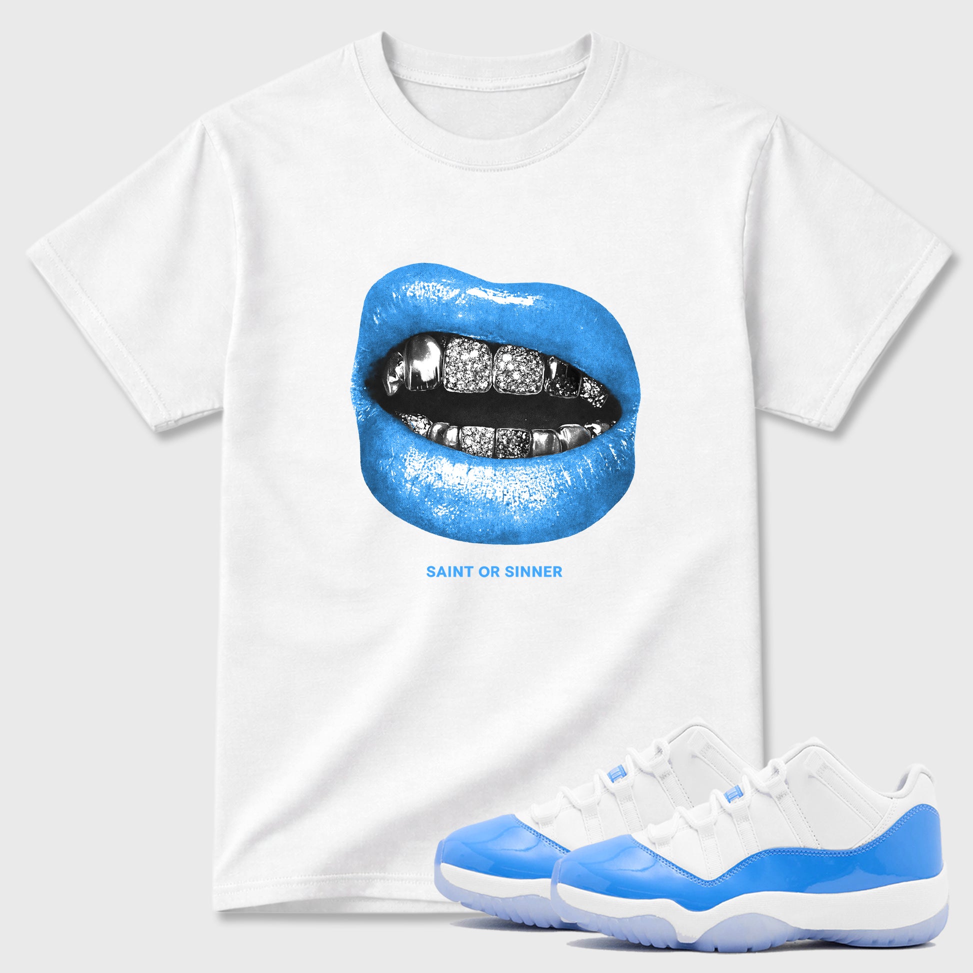 Sneaker match tees – Sneaker Tees To Match Air Jordan 11 University Blue Shoes – Saint Or Sinner Tee White 1