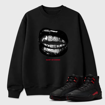 Saint or Sinner Graphic T-Shirt sneaker match tee designed for the Air Jordan 12 Retro Bloodline, featuring coordinated color options for a perfect streetwear match. Black 1 shirt.