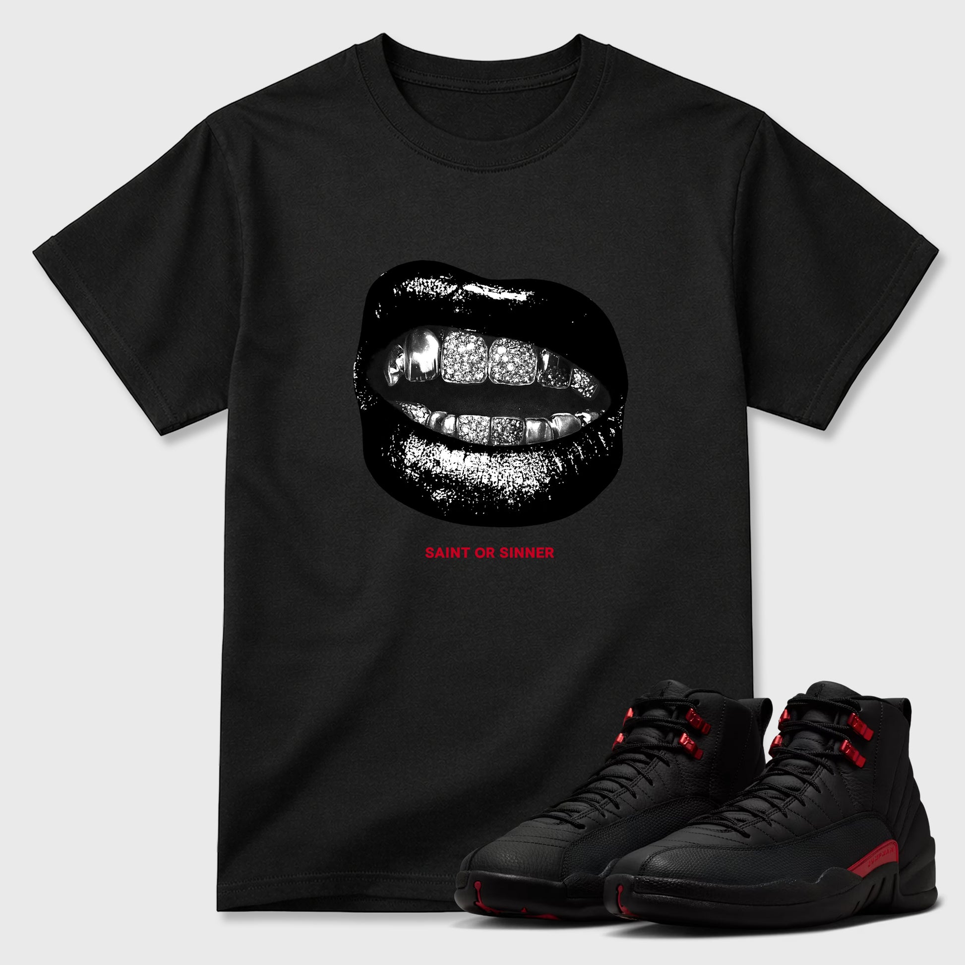 Saint or Sinner Graphic T-Shirt sneaker match tee designed for the Air Jordan 12 Retro Bloodline, featuring coordinated color options for a perfect streetwear match. Black 1 shirt.