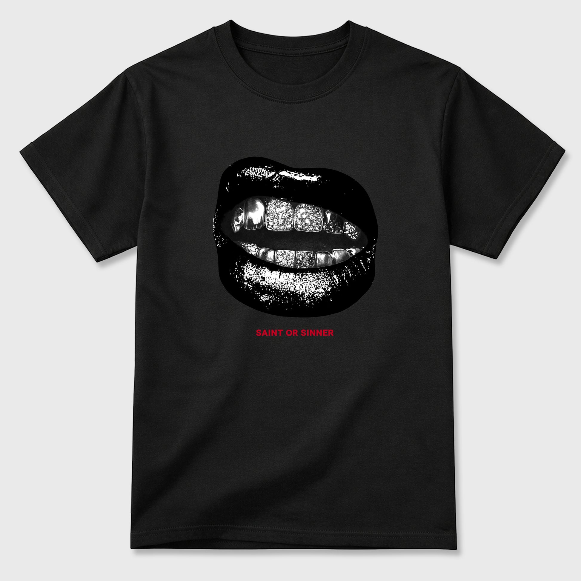 Saint or Sinner Graphic T-Shirt sneaker match tee designed for the Air Jordan 12 Retro Bloodline, featuring coordinated color options for a perfect streetwear match. Black 2 shirt.