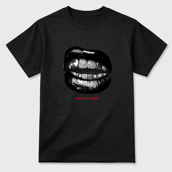 Saint or Sinner Graphic T-Shirt sneaker match tee designed for the Air Jordan 12 Retro Bloodline, featuring coordinated color options for a perfect streetwear match. Black 2 shirt.