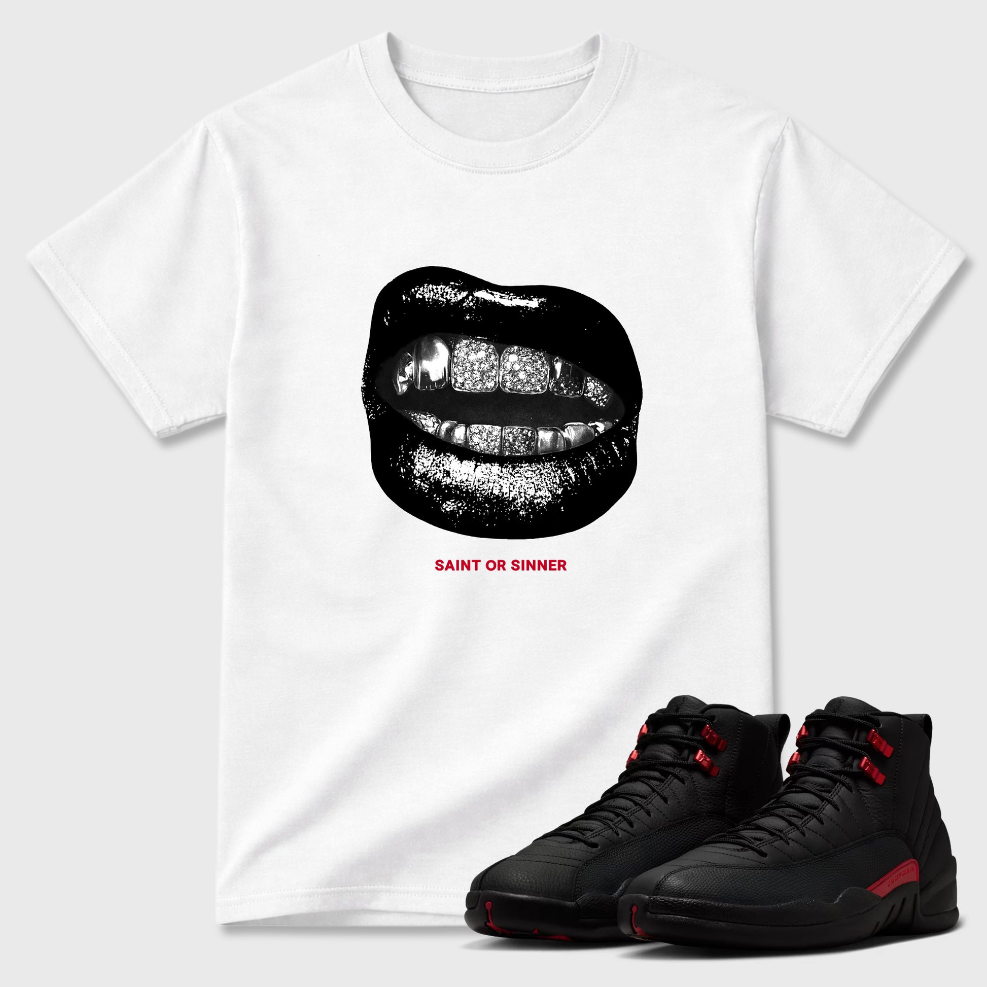 Saint or Sinner Graphic T-Shirt sneaker match tee designed for the Air Jordan 12 Retro Bloodline, featuring coordinated color options for a perfect streetwear match. White 1 shirt.