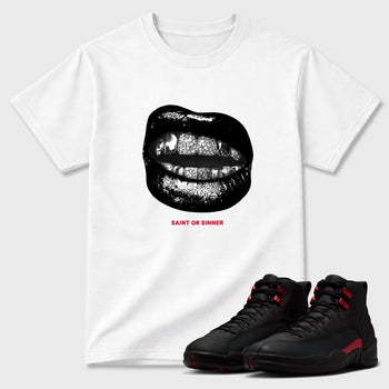 Saint or Sinner Graphic T-Shirt sneaker match tee designed for the Air Jordan 12 Retro Bloodline, featuring coordinated color options for a perfect streetwear match. White 1 shirt.