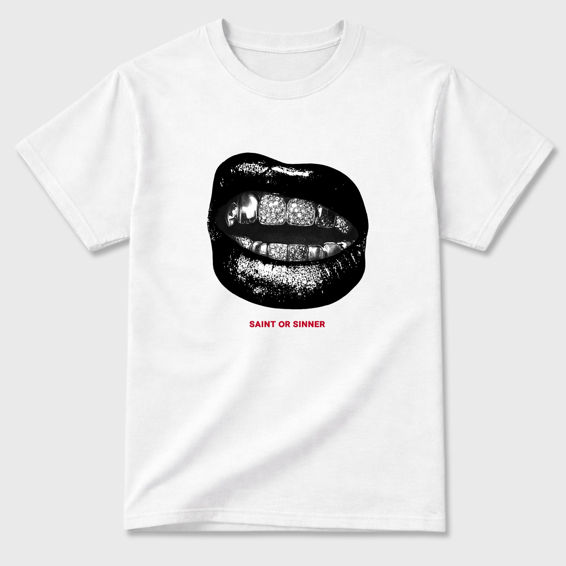 Saint or Sinner Graphic T-Shirt sneaker match tee designed for the Air Jordan 12 Retro Bloodline, featuring coordinated color options for a perfect streetwear match. White 2 shirt.