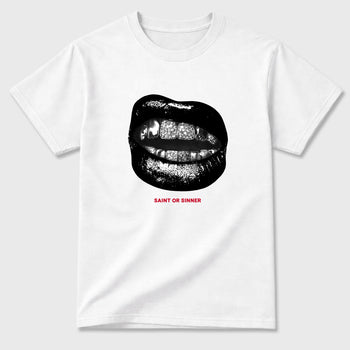 Saint or Sinner Graphic T-Shirt sneaker match tee designed for the Air Jordan 12 Retro Bloodline, featuring coordinated color options for a perfect streetwear match. White 2 shirt.