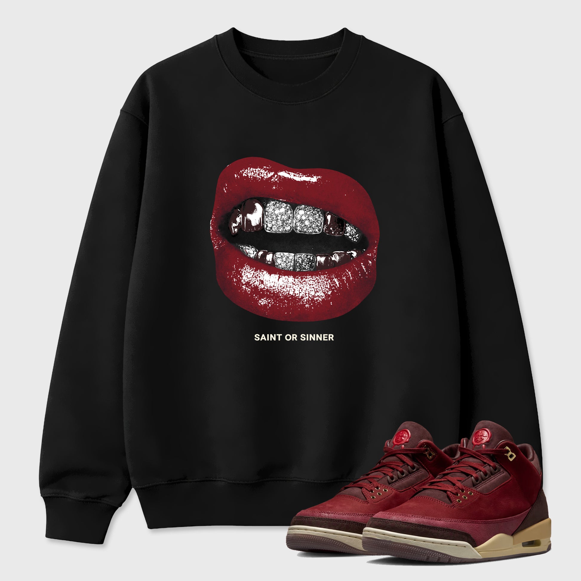 Saint or Sinner Graphic T-Shirt sneaker match tee designed for the Air Jordan 3 Bin 23, featuring coordinated color options for a perfect streetwear match. Black 1 shirt.