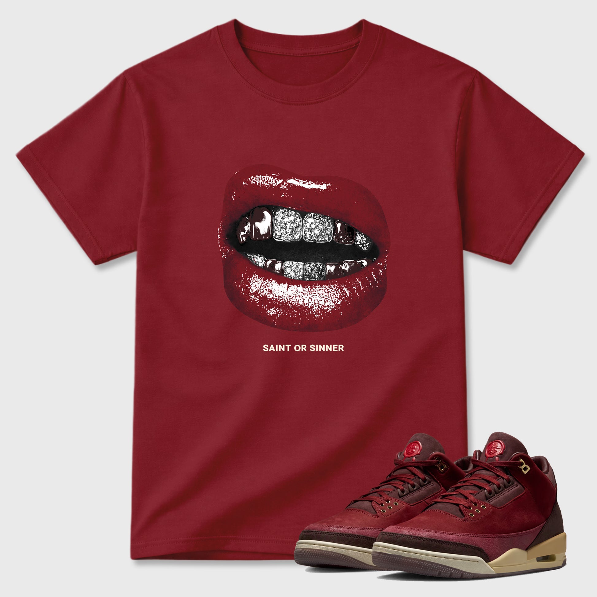 Saint or Sinner Graphic T-Shirt sneaker match tee designed for the Air Jordan 3 Bin 23, featuring coordinated color options for a perfect streetwear match. Cardinal 1 shirt.