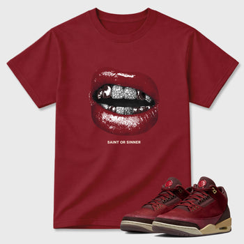 Saint or Sinner Graphic T-Shirt sneaker match tee designed for the Air Jordan 3 Bin 23, featuring coordinated color options for a perfect streetwear match. Cardinal 1 shirt.