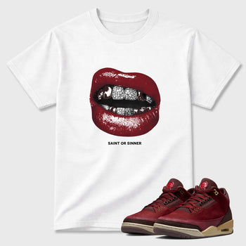 Saint or Sinner Graphic T-Shirt sneaker match tee designed for the Air Jordan 3 Bin 23, featuring coordinated color options for a perfect streetwear match. White 1 shirt.