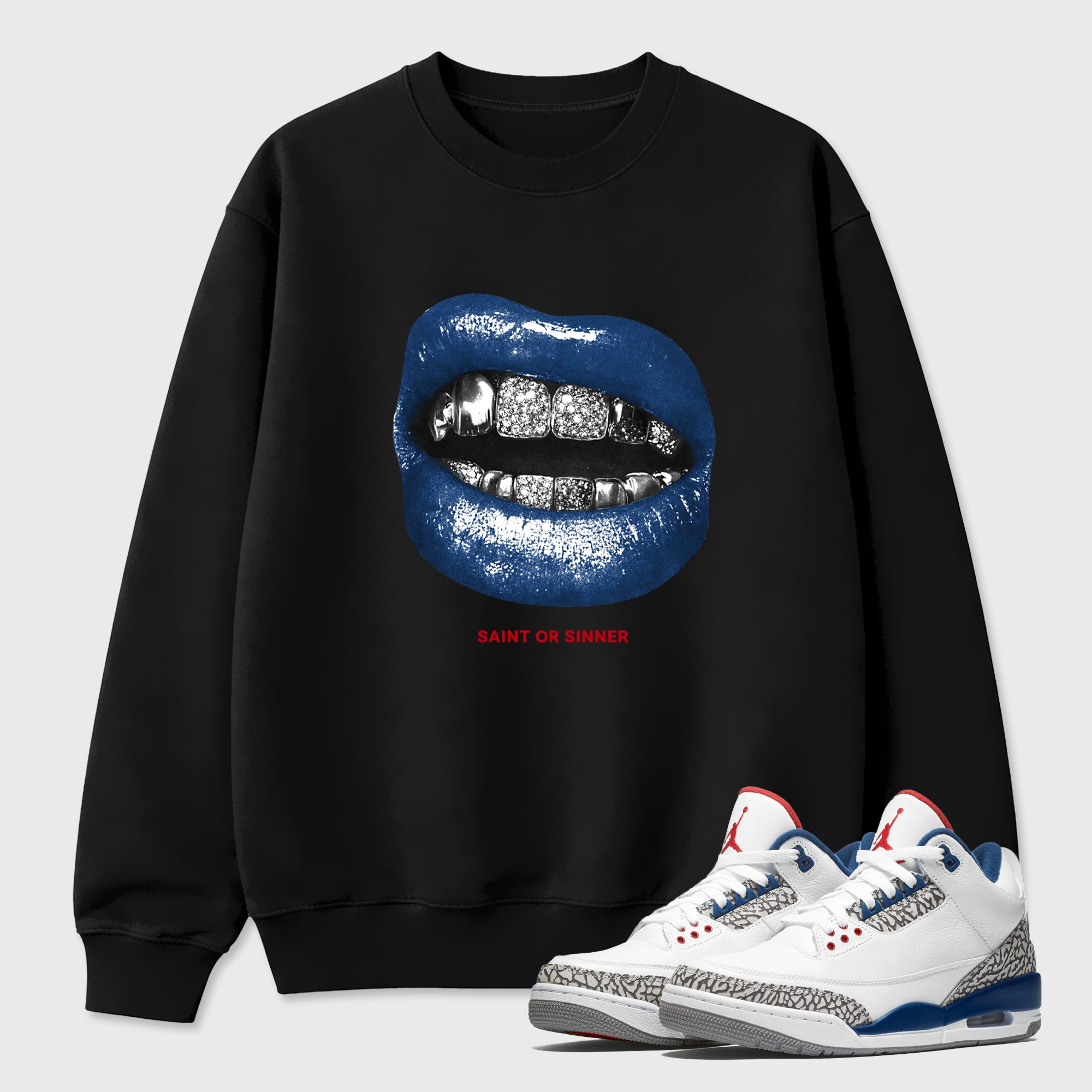 Saint or Sinner Graphic T-Shirt featuring original streetwear artwork designed to match the Air Jordan 3 True Blue. Black 1 Graphic Tee.