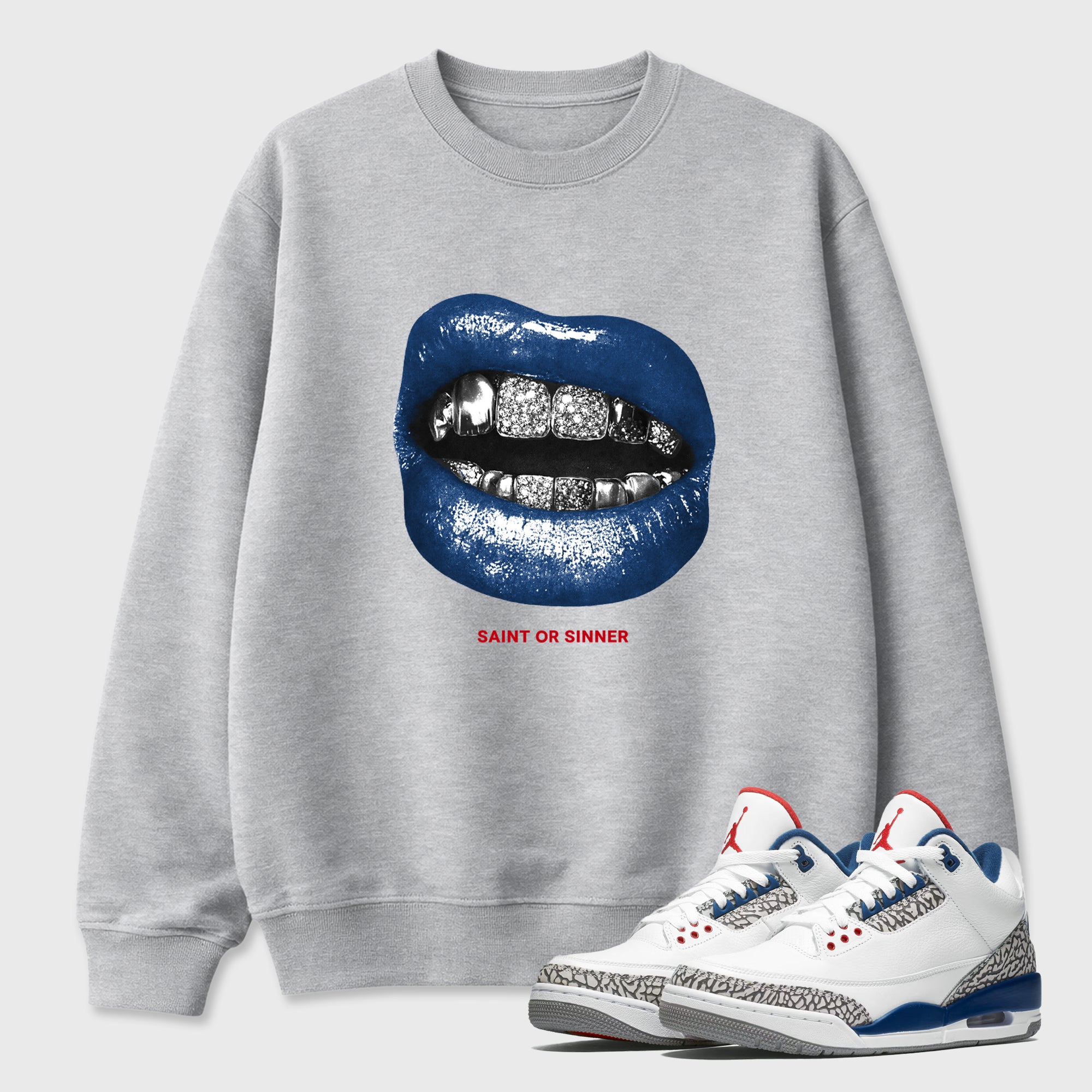 Saint or Sinner Graphic T-Shirt featuring original streetwear artwork designed to match the Air Jordan 3 True Blue. Heather Grey 1 Graphic Tee.