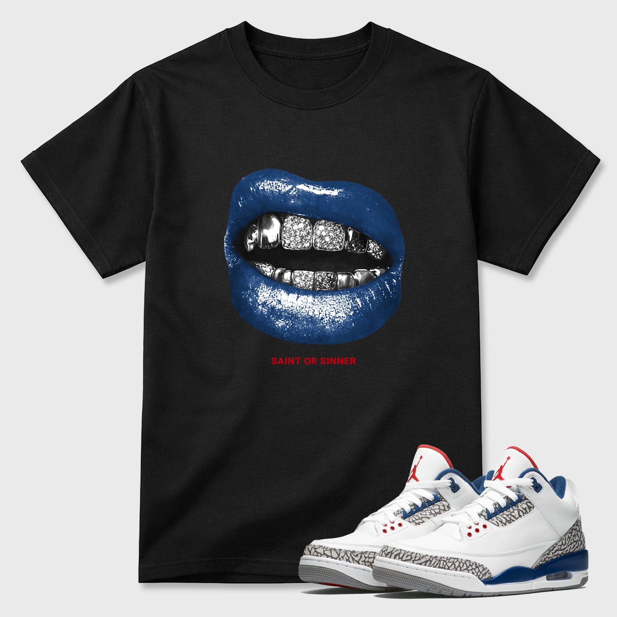 Saint or Sinner Graphic T-Shirt featuring original streetwear artwork designed to match the Air Jordan 3 True Blue. Black 1 Graphic T-Shirt.