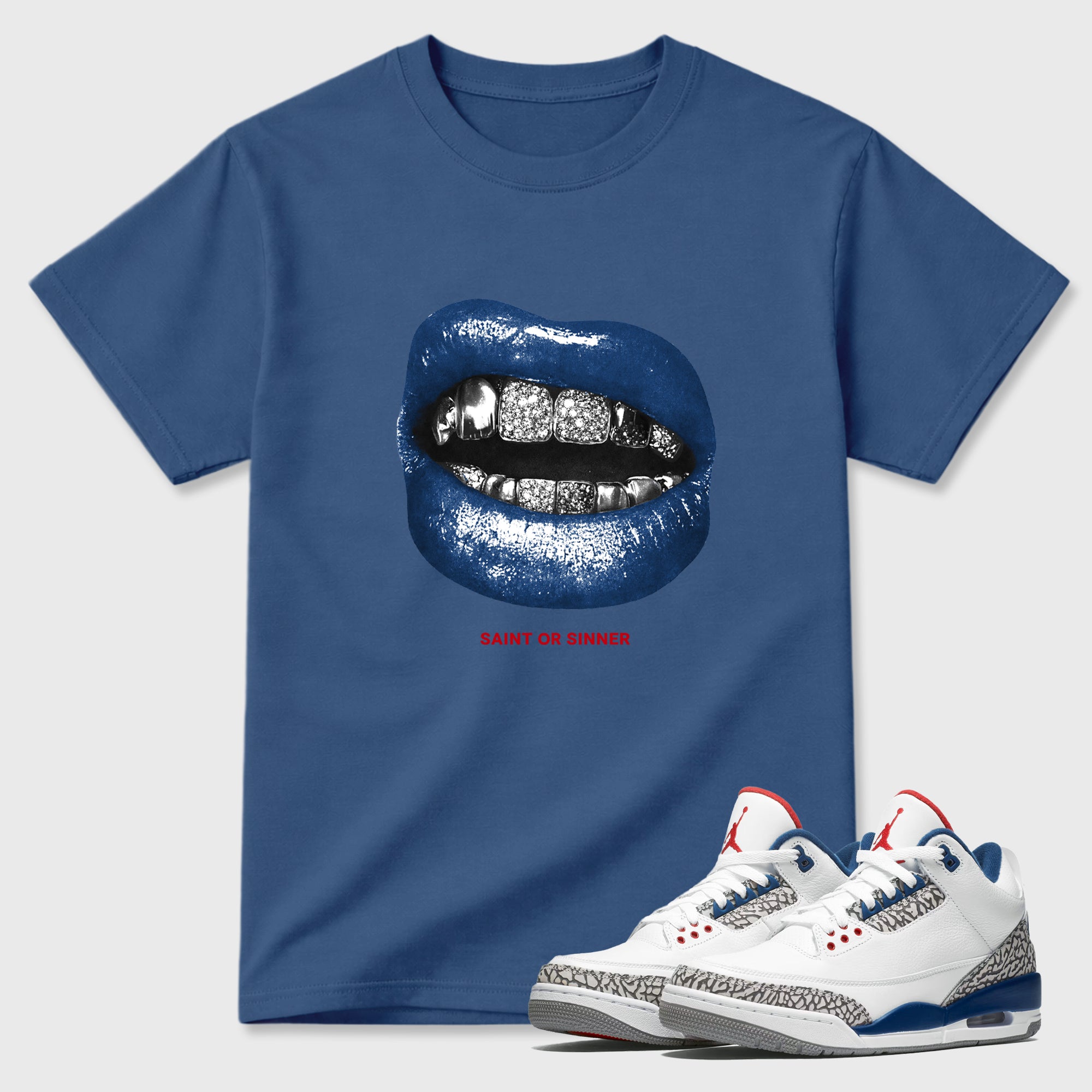 Saint or Sinner Graphic T-Shirt featuring original streetwear artwork designed to match the Air Jordan 3 True Blue. Denim Blue 1 Graphic T-Shirt.
