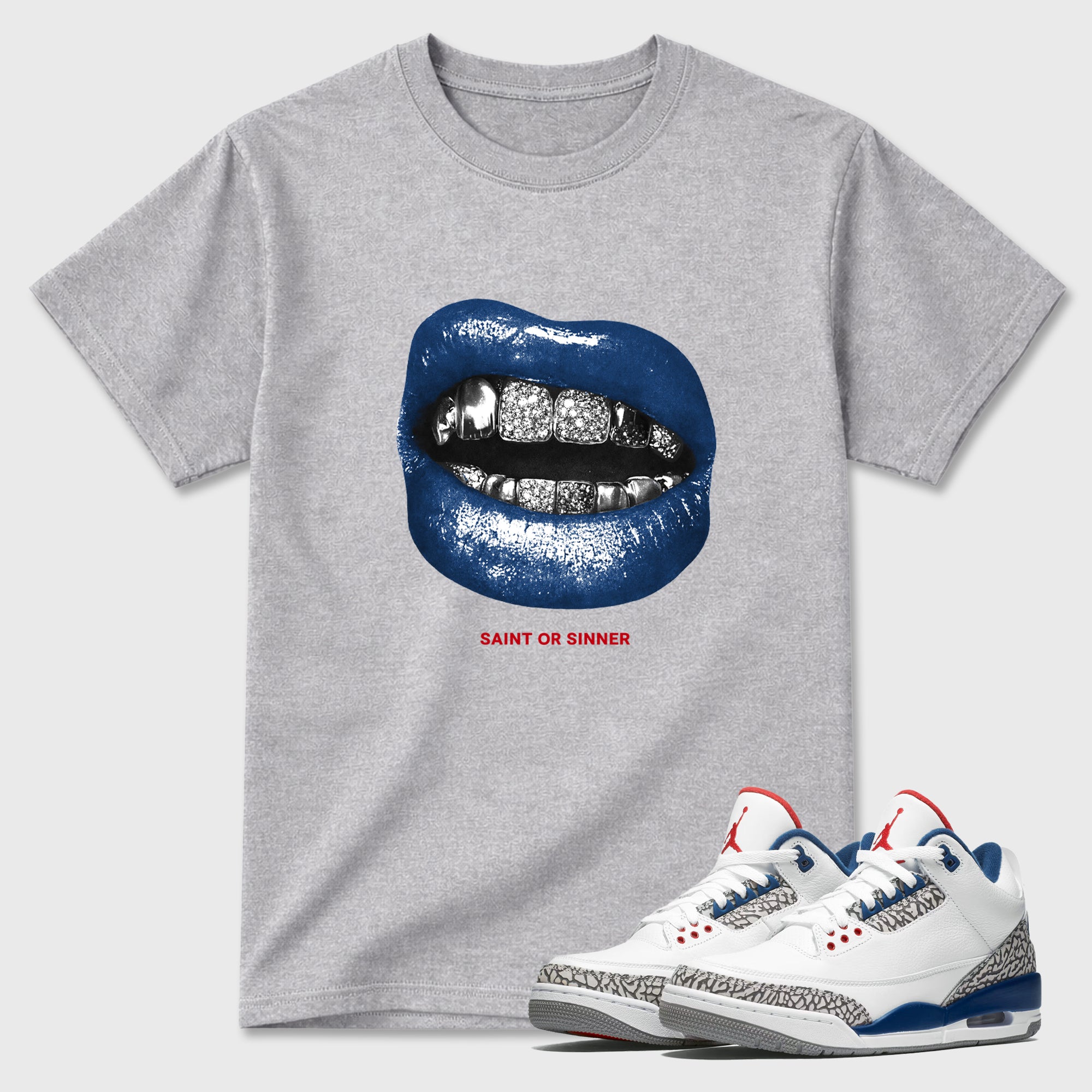 Saint or Sinner Graphic T-Shirt featuring original streetwear artwork designed to match the Air Jordan 3 True Blue. Heather Grey 1 Graphic T-Shirt.