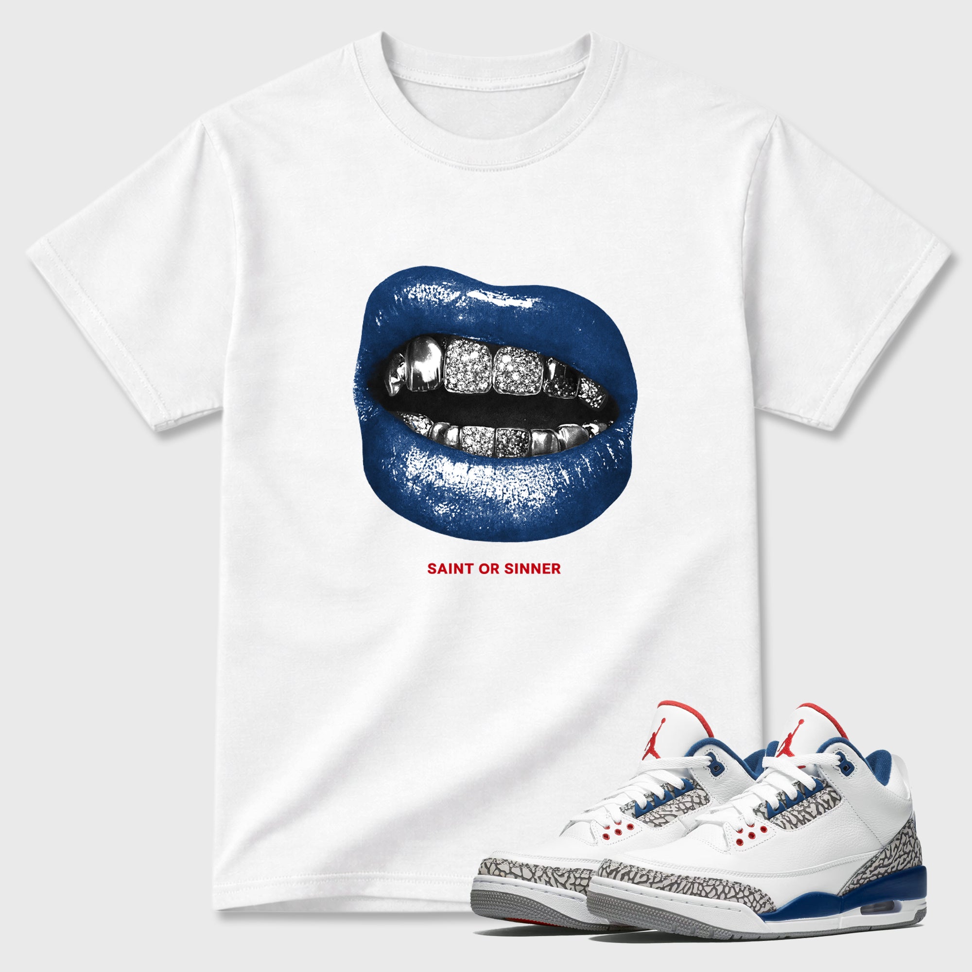 Saint or Sinner Graphic T-Shirt featuring original streetwear artwork designed to match the Air Jordan 3 True Blue. White 1 Graphic T-Shirt.