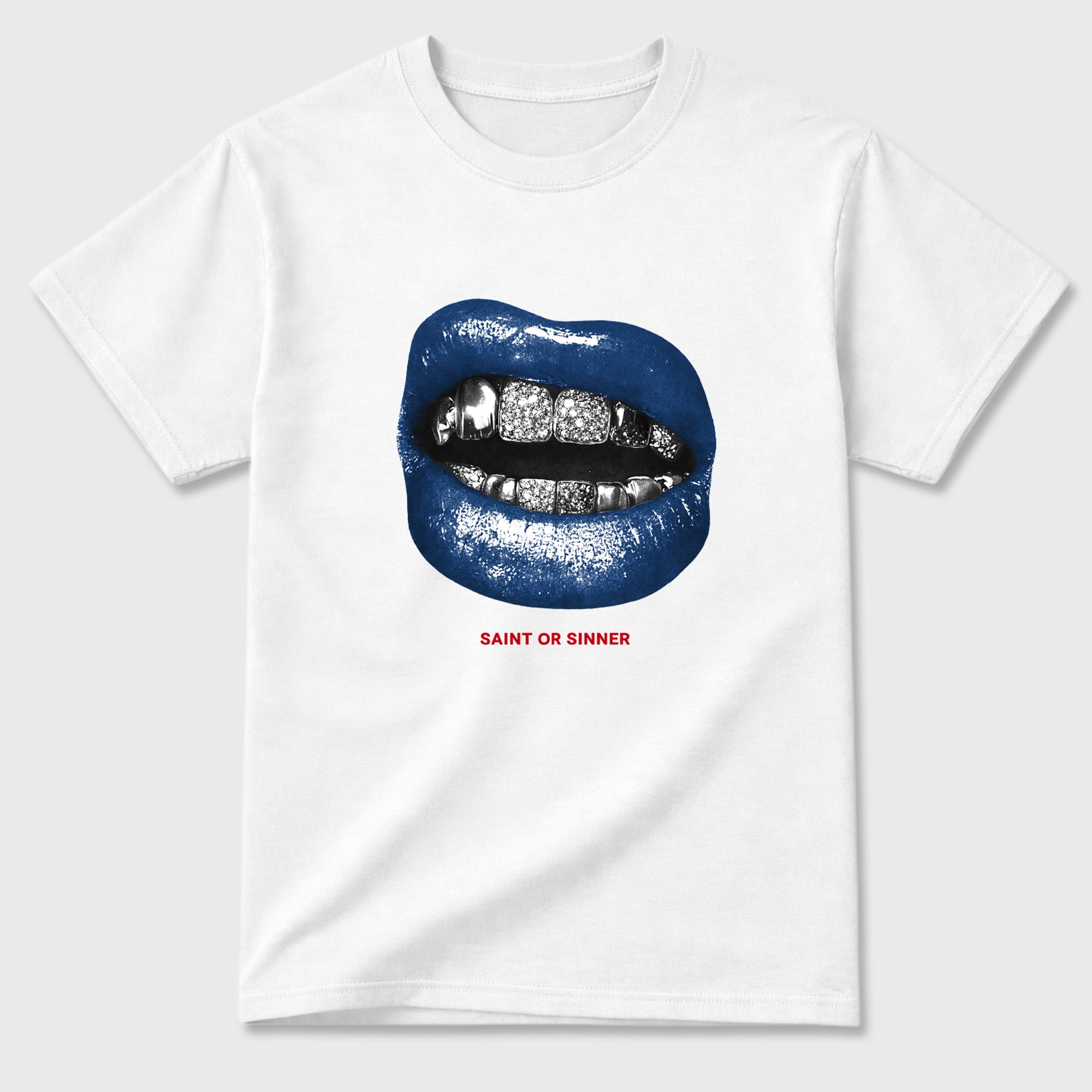 Saint or Sinner Graphic T-Shirt featuring original streetwear artwork designed to match the Air Jordan 3 True Blue. White 2 Graphic T-Shirt.