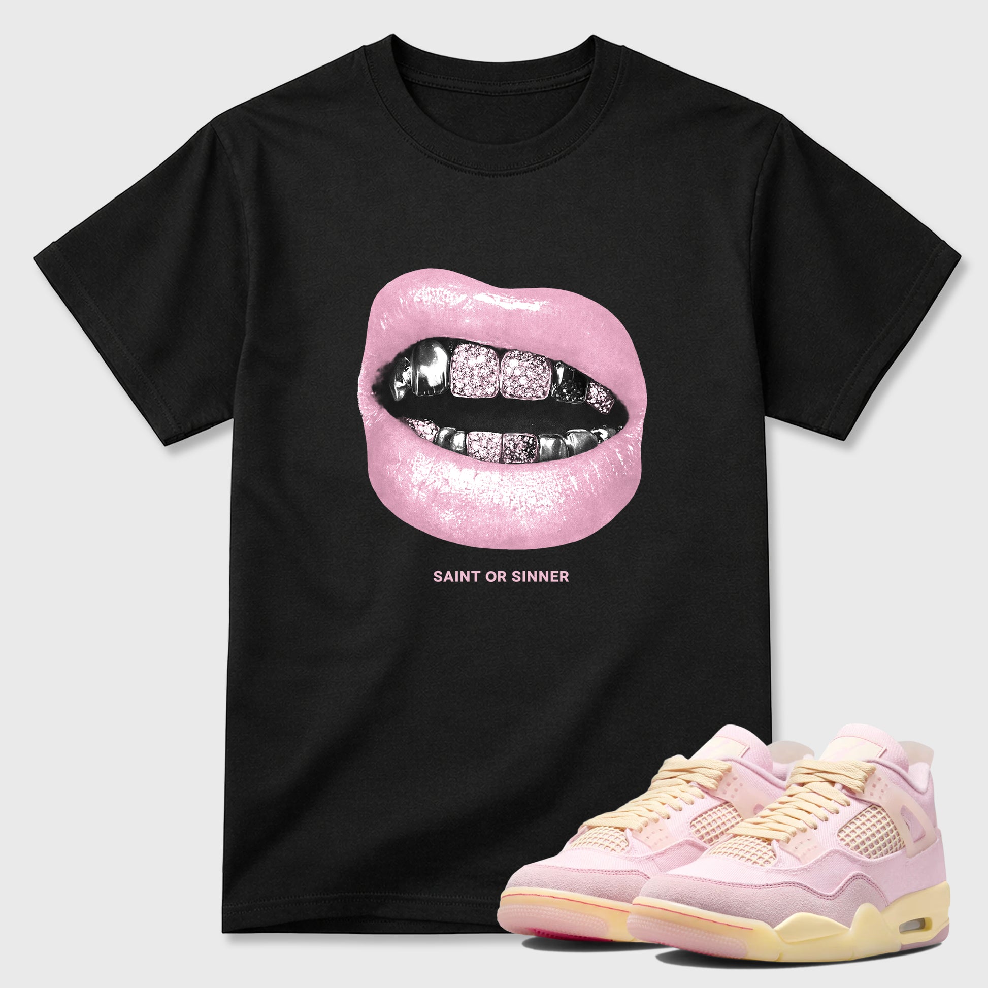 Sneaker match tees – Sneaker Tees To Match Air Jordan 4 Iced Carmine Shoes – Saint or Sinner Tee Black 1