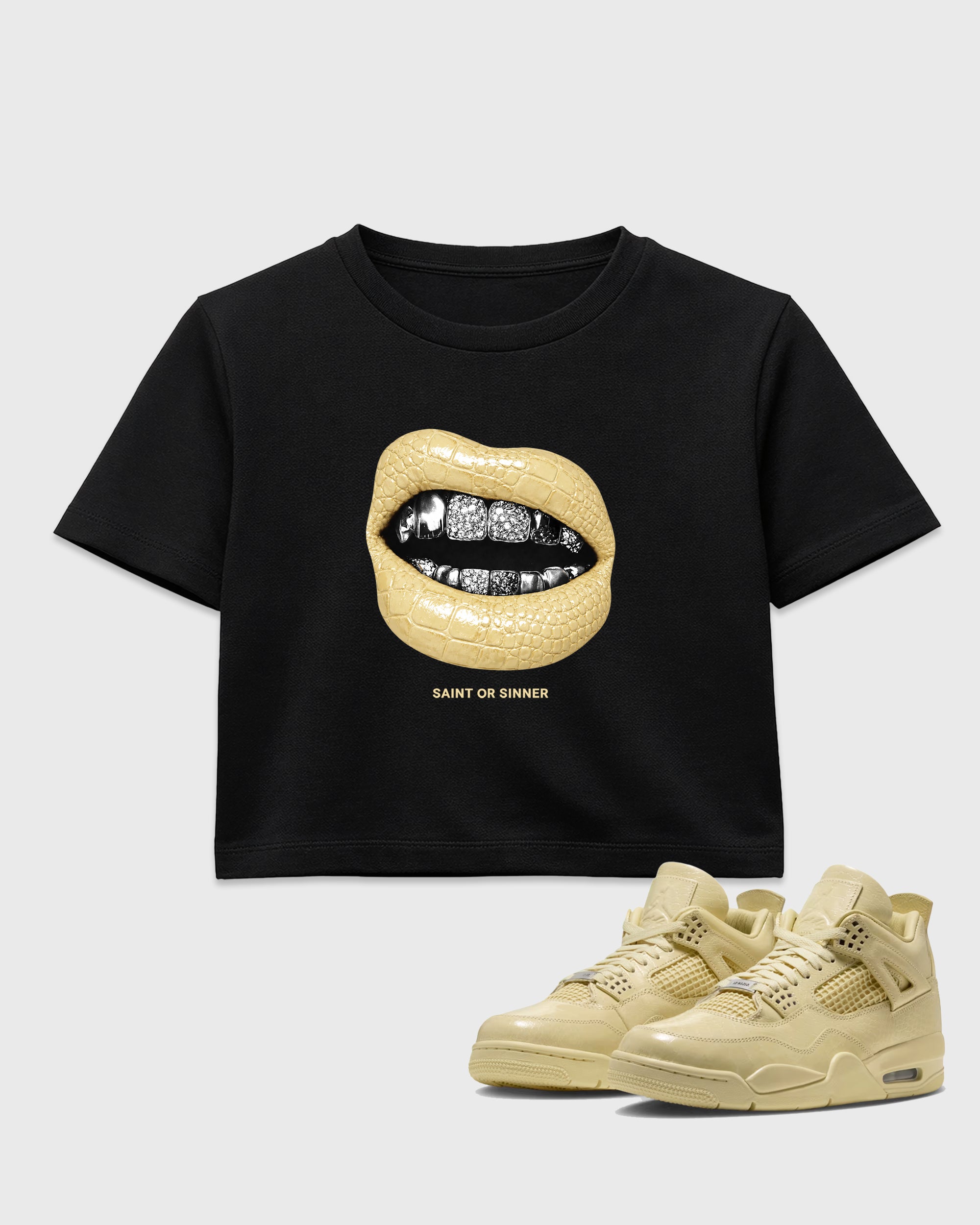 Saint or Sinner women’s crop tee designed to match the Air Jordan 4 X J Balvin 'Amazonas', featuring coordinated Black 1 options for a perfect streetwear vibe.