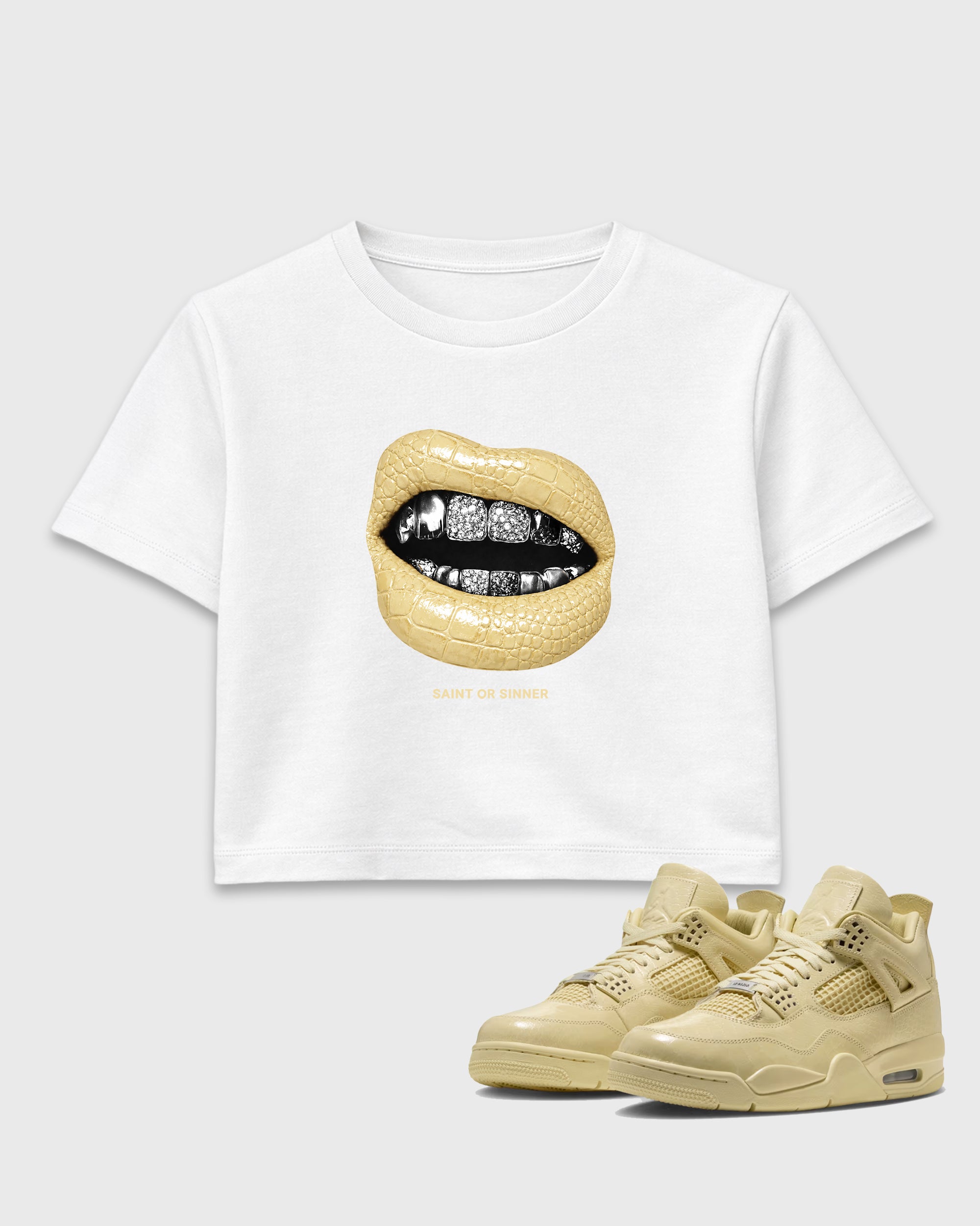 Saint or Sinner women’s crop tee designed to match the Air Jordan 4 X J Balvin 'Amazonas', featuring coordinated White 1 options for a perfect streetwear vibe.
