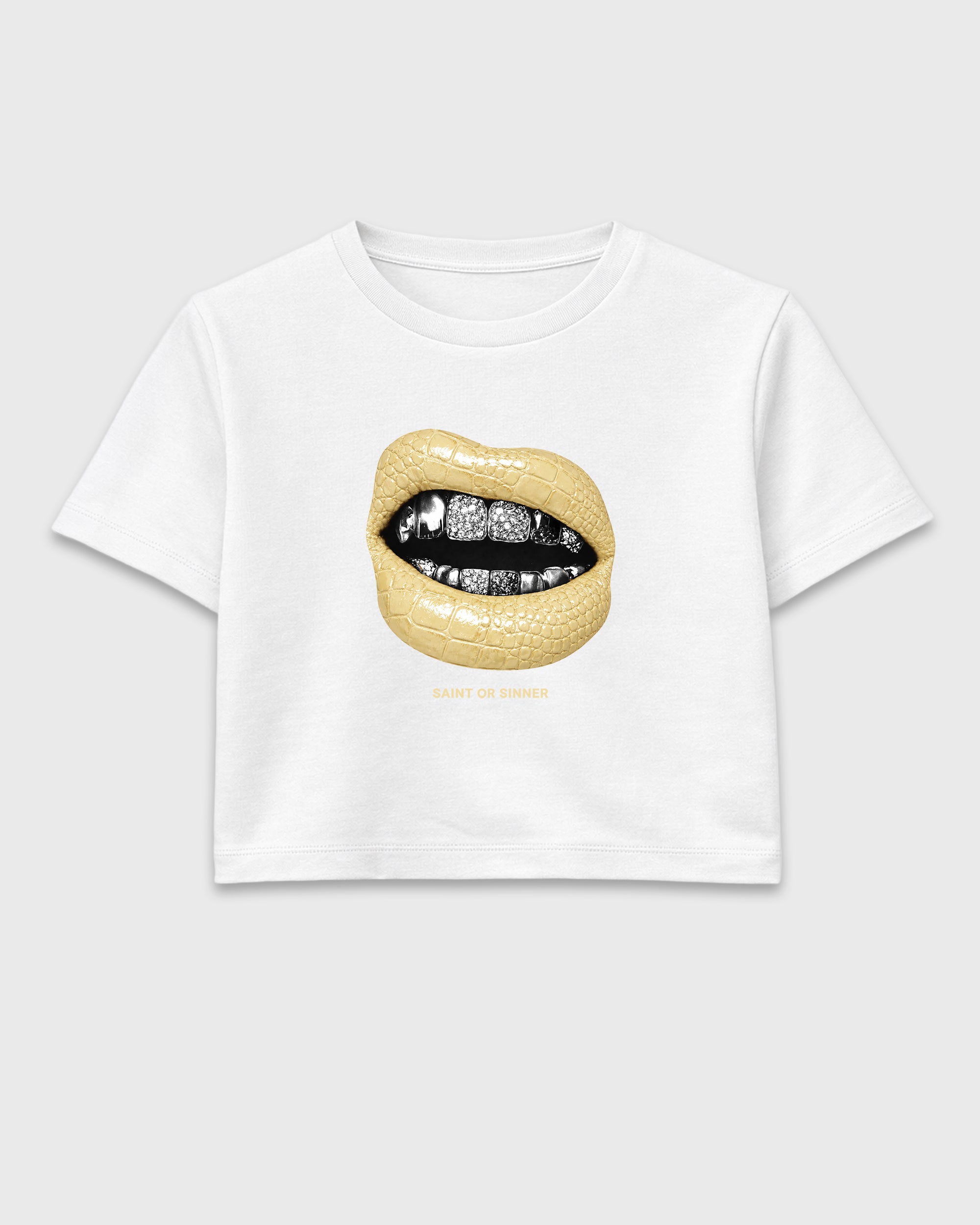 Saint or Sinner women’s crop tee designed to match the Air Jordan 4 X J Balvin 'Amazonas', featuring coordinated White 2 options for a perfect streetwear vibe.