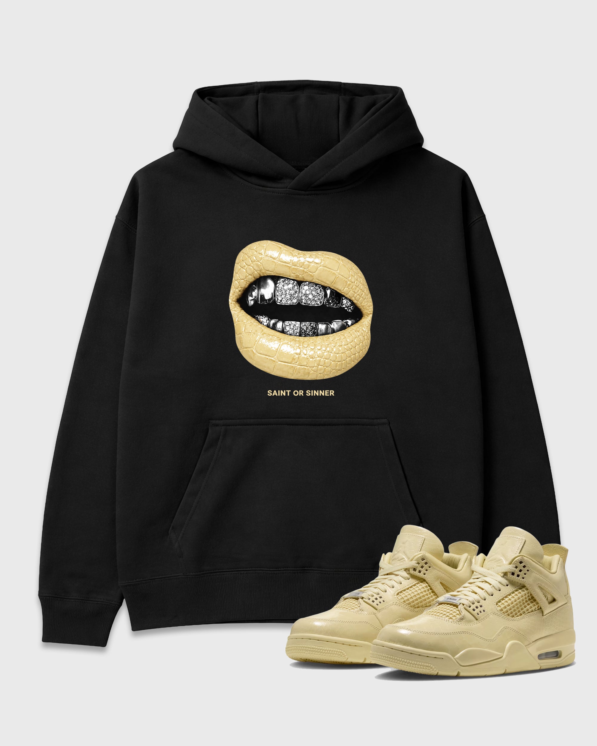 Saint or Sinner Graphic T-Shirt featuring original streetwear artwork designed to match the Air Jordan 4 X J Balvin 'Amazonas'. Black 1 Graphic Tee.