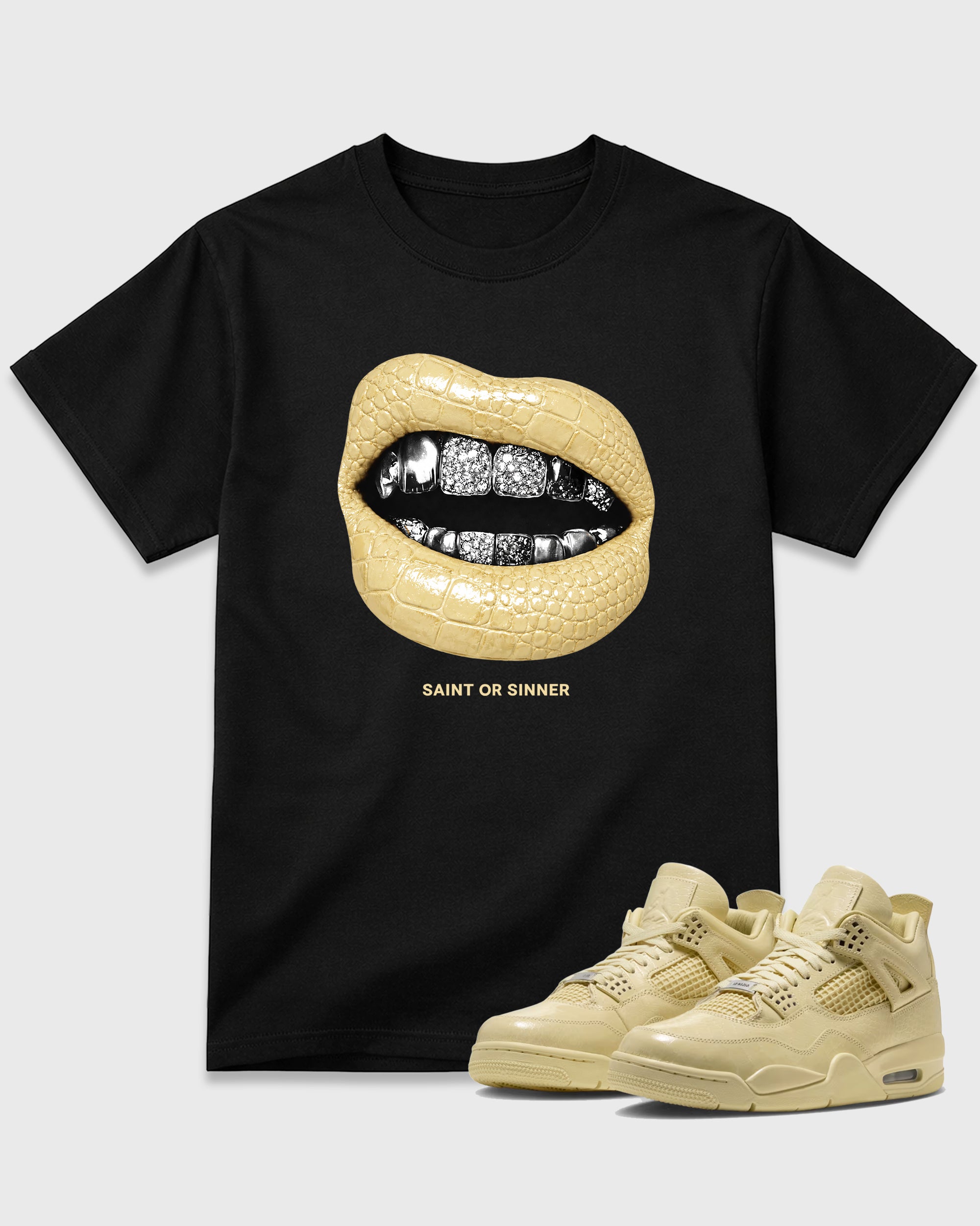 Saint or Sinner Graphic T-Shirt featuring original streetwear artwork designed to match the Air Jordan 4 X J Balvin 'Amazonas'. Black 1 Graphic T-Shirt.