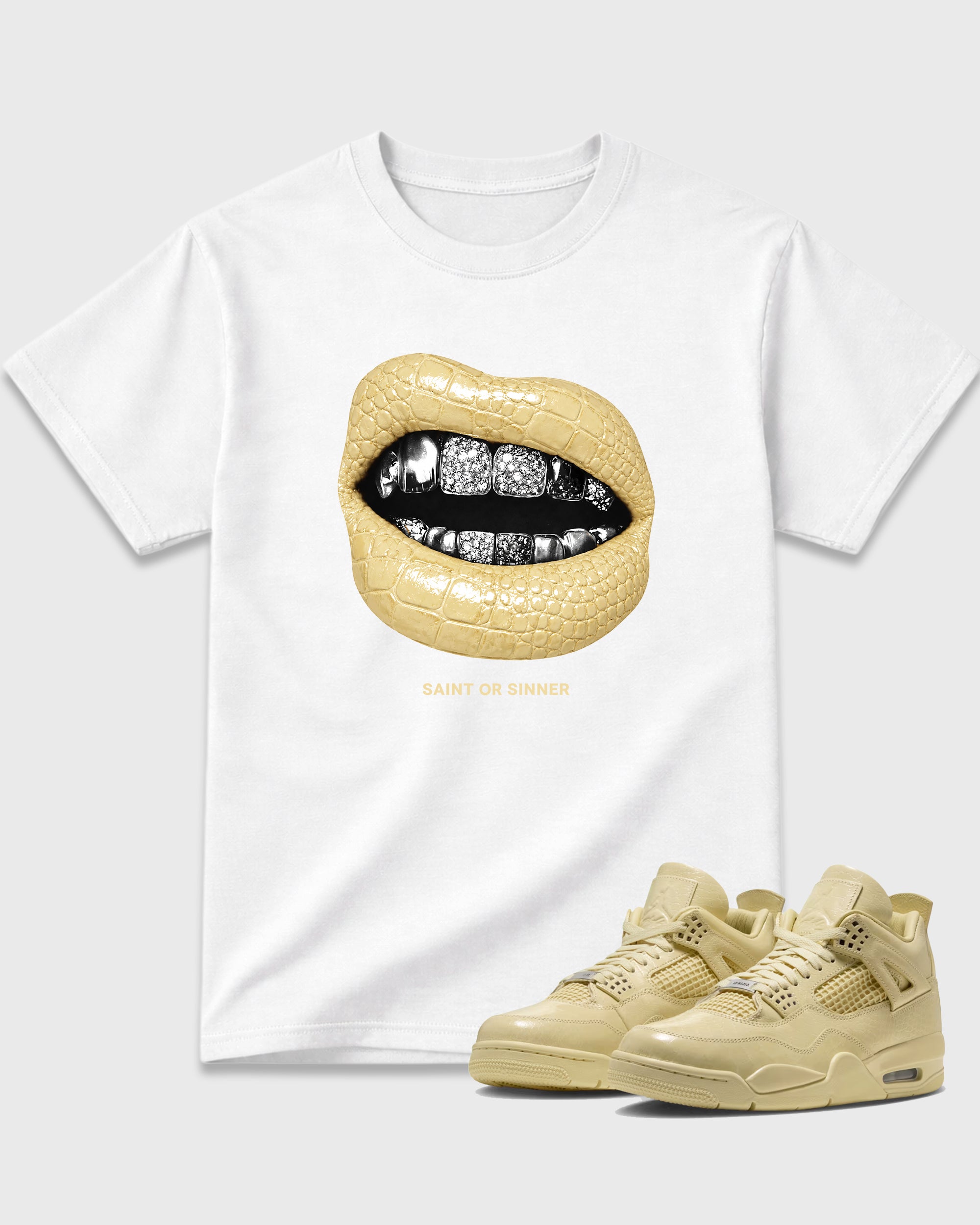 Saint or Sinner Graphic T-Shirt featuring original streetwear artwork designed to match the Air Jordan 4 X J Balvin 'Amazonas'. White 1 Graphic T-Shirt.