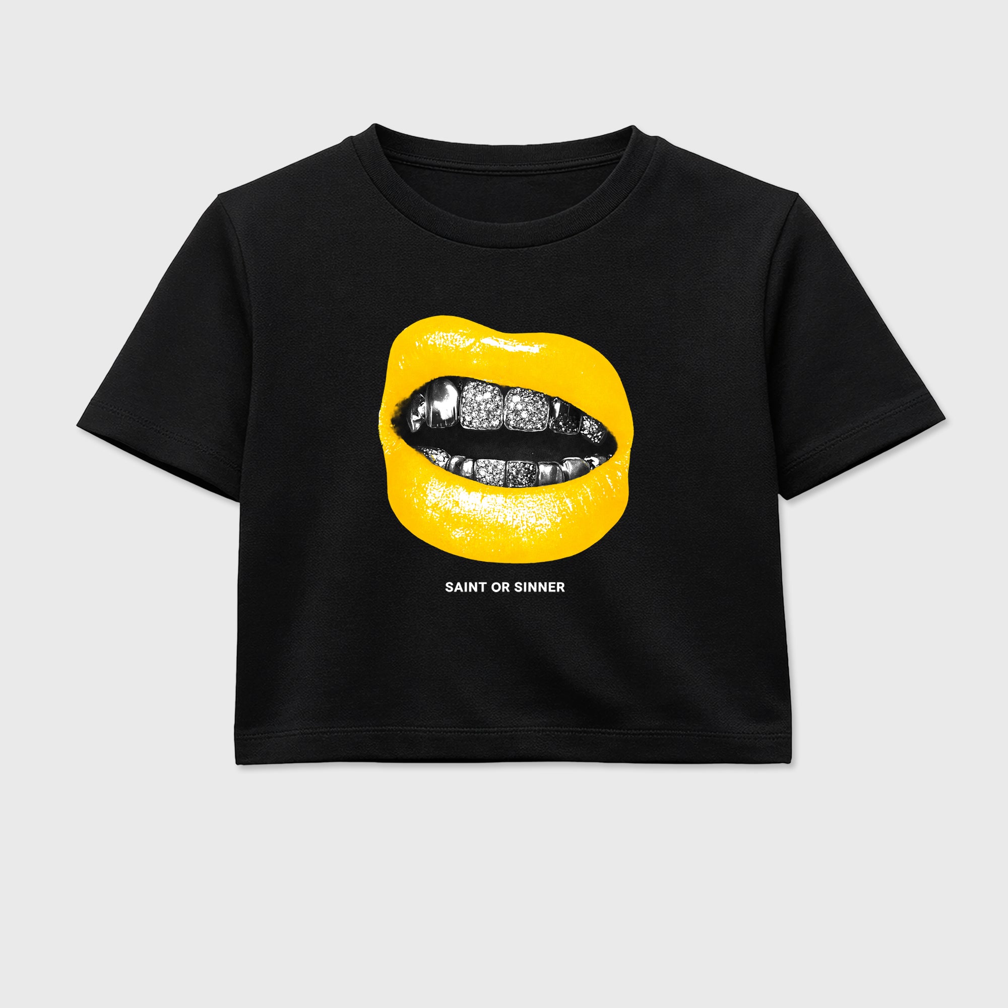 Saint or Sinner women’s crop tee designed to match the Air Jordan 4 Tour Yellow, featuring coordinated Black 2 options for a perfect streetwear vibe.