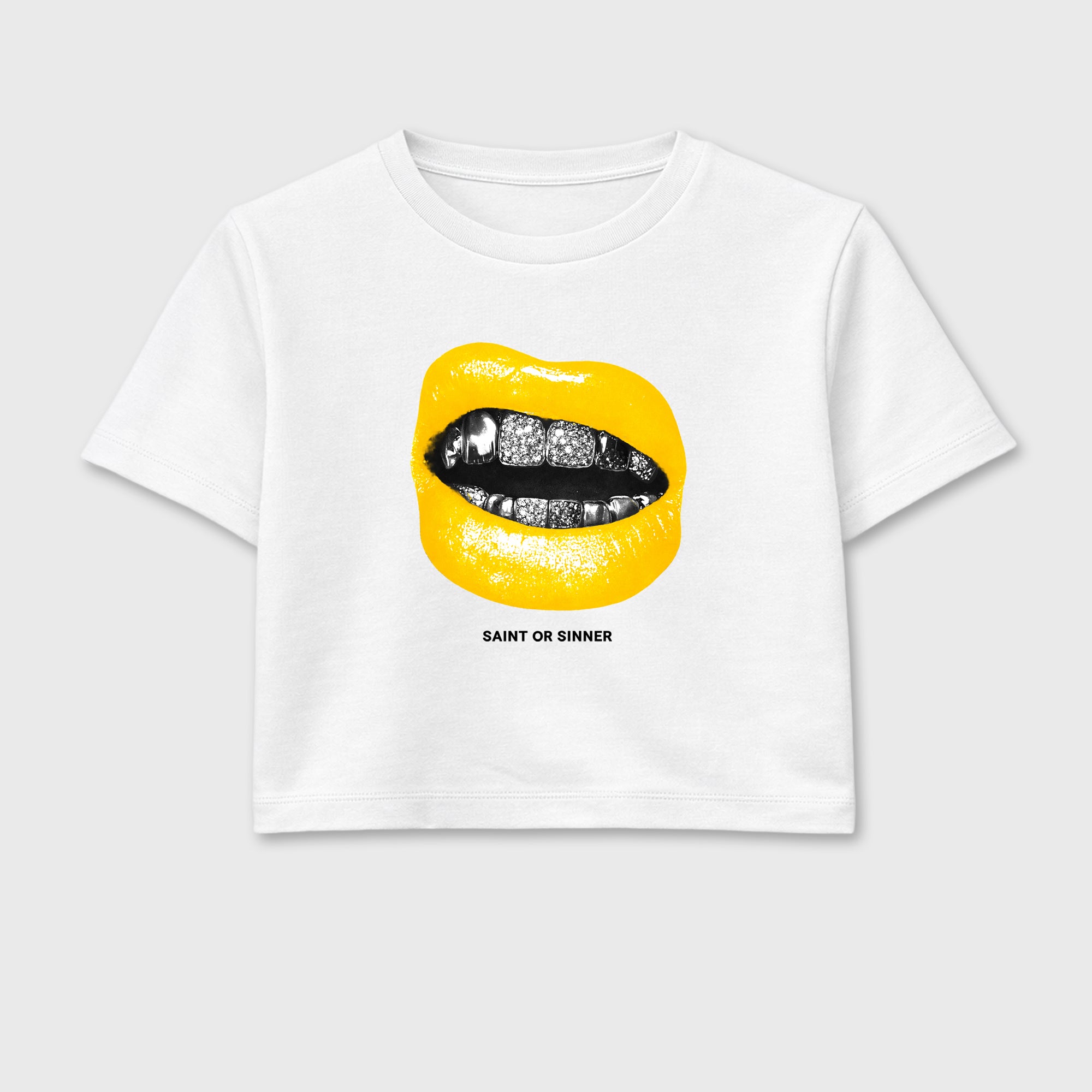 Saint or Sinner women’s crop tee designed to match the Air Jordan 4 Tour Yellow, featuring coordinated White 2 options for a perfect streetwear vibe.