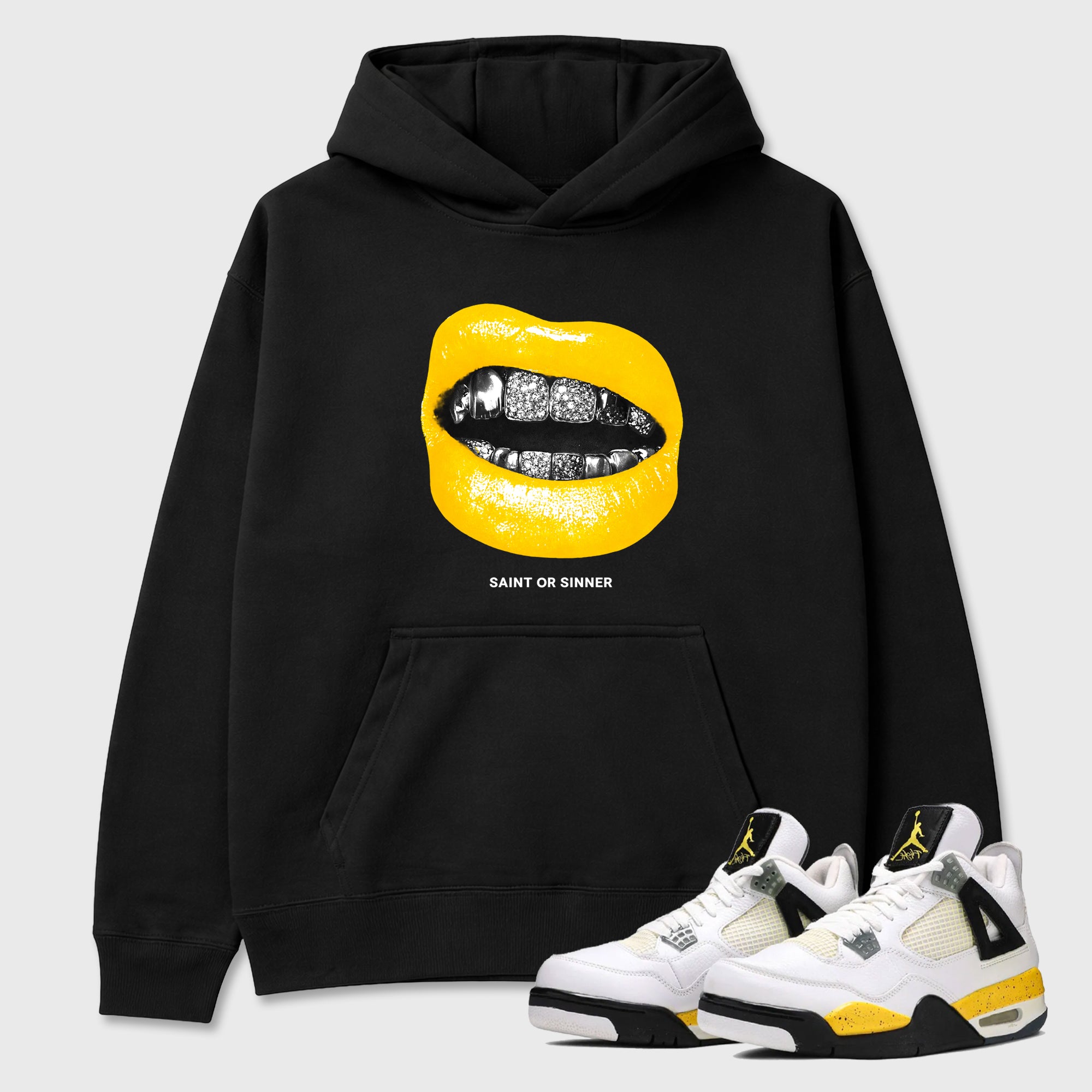 Saint or Sinner Graphic T-Shirt featuring original streetwear artwork designed to match the Air Jordan 4 Tour Yellow. Black 1 Graphic Tee.