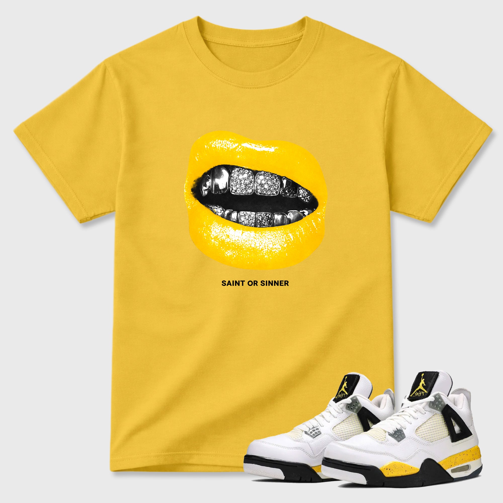 Saint or Sinner Graphic T-Shirt featuring original streetwear artwork designed to match the Air Jordan 4 Tour Yellow. Daisy 1 Graphic T-Shirt.