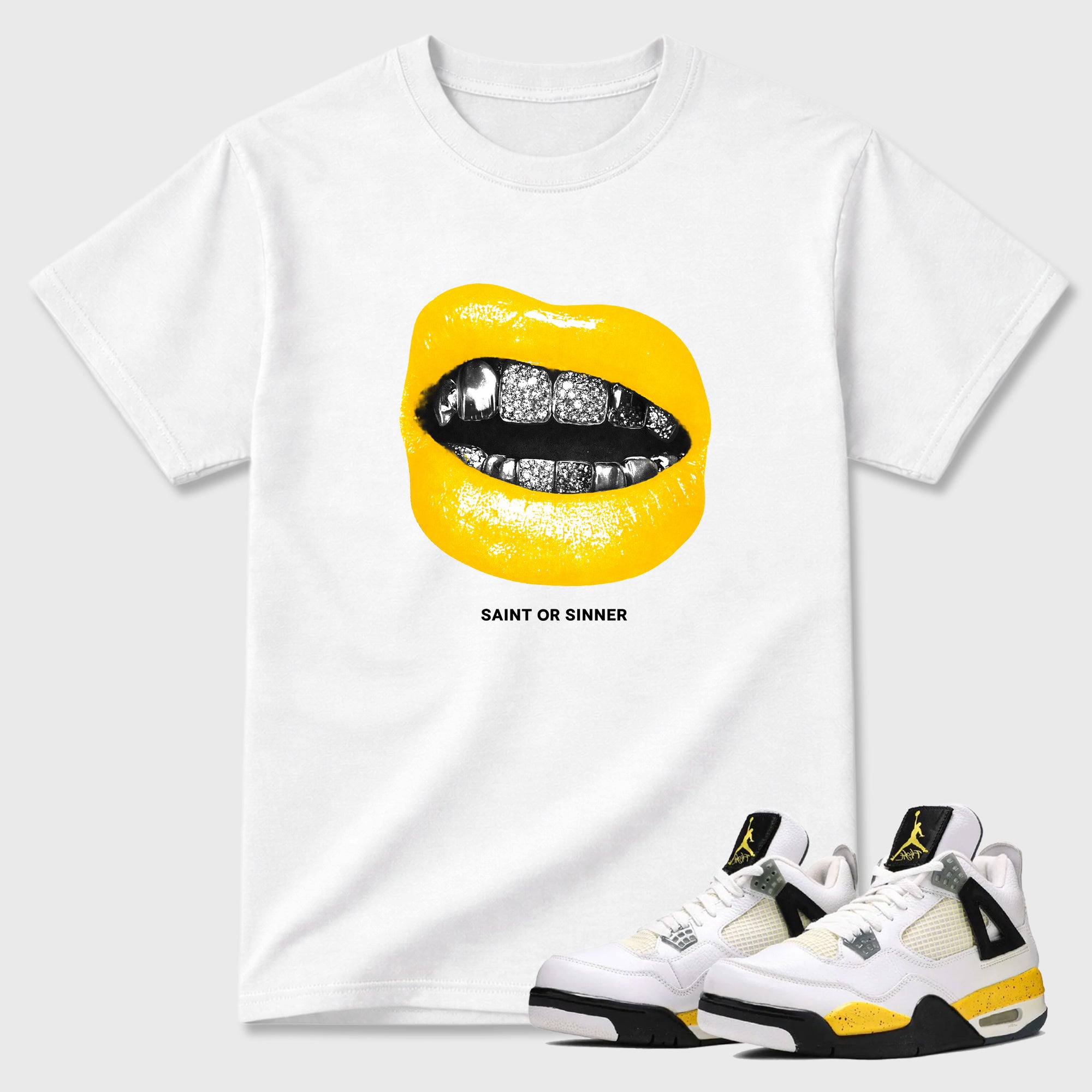 Saint or Sinner Graphic T-Shirt featuring original streetwear artwork designed to match the Air Jordan 4 Tour Yellow. White 1 Graphic T-Shirt.