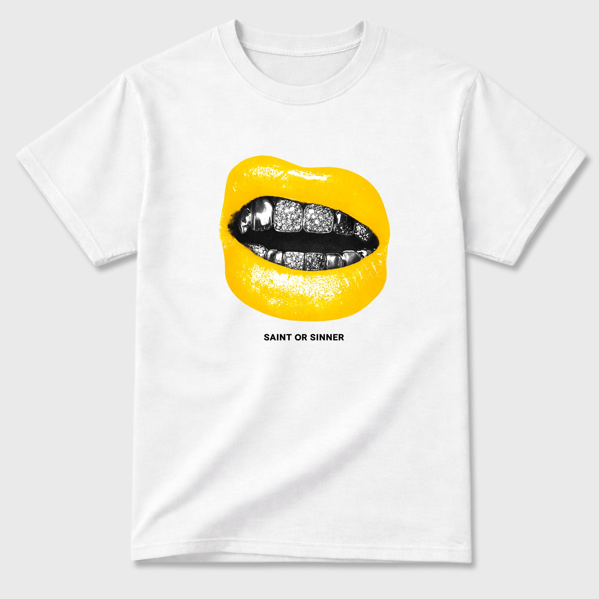 Saint or Sinner Graphic T-Shirt featuring original streetwear artwork designed to match the Air Jordan 4 Tour Yellow. White 2 Graphic T-Shirt.