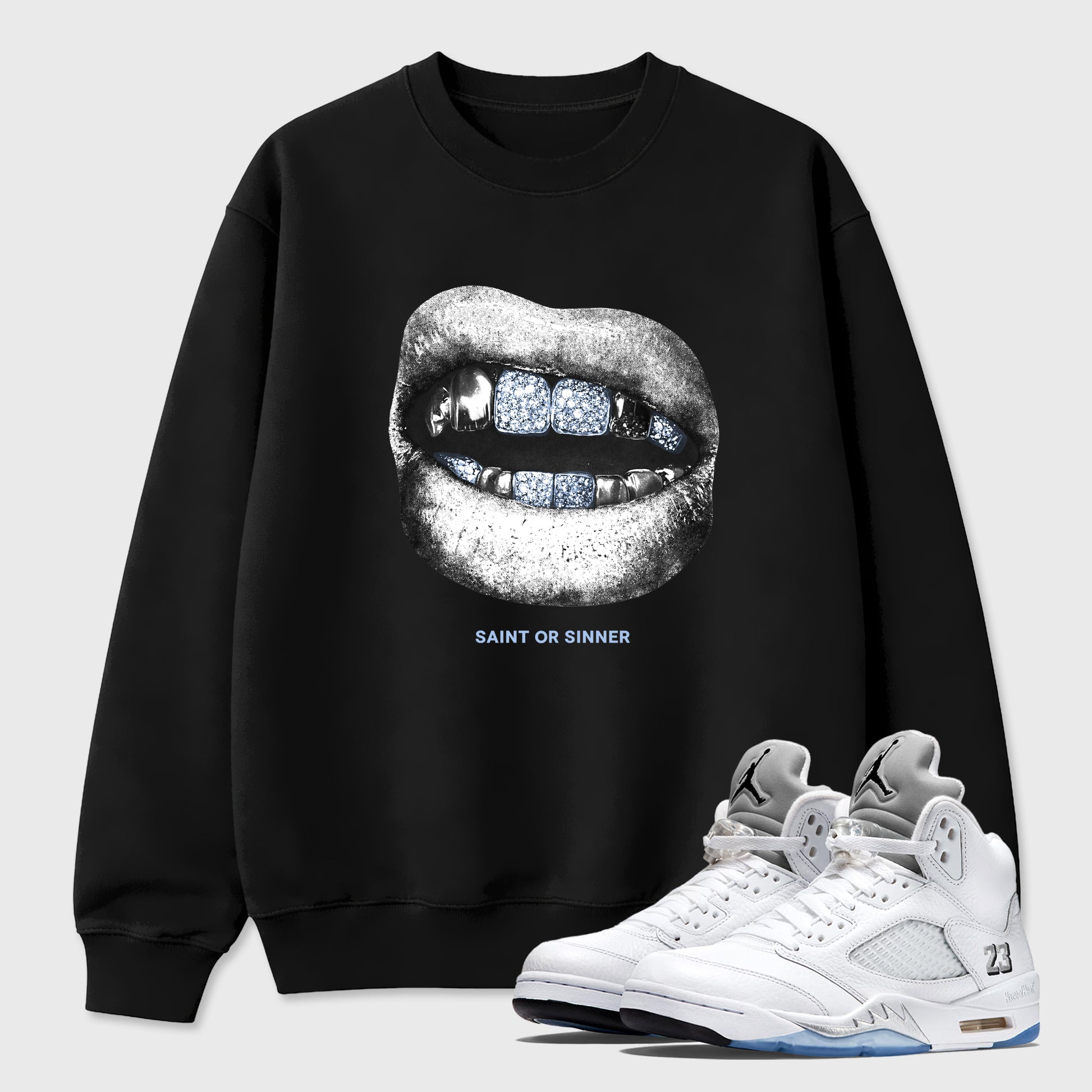 Sneaker match tees – Sneaker Tees To Match Air Jordan 5 White Metallic Shoes – Saint Or Sinner Tee Black 1