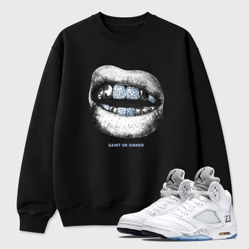 Sneaker match tees – Sneaker Tees To Match Air Jordan 5 White Metallic Shoes – Saint Or Sinner Tee Black 1