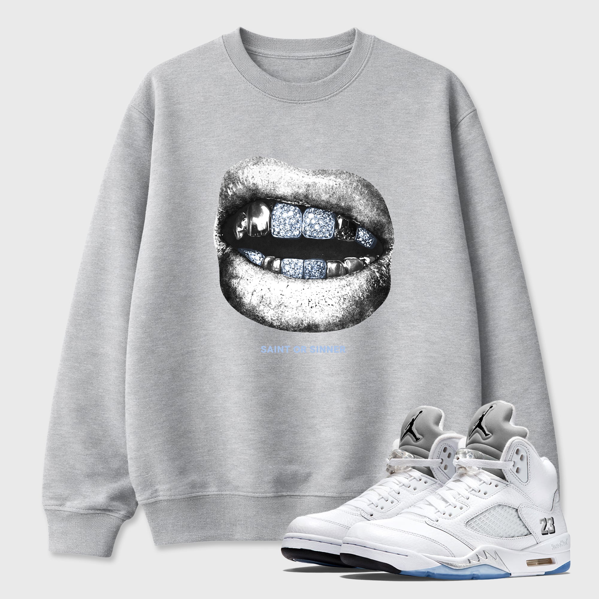 Sneaker match tees – Sneaker Tees To Match Air Jordan 5 White Metallic Shoes – Saint Or Sinner Tee Heather Grey 1