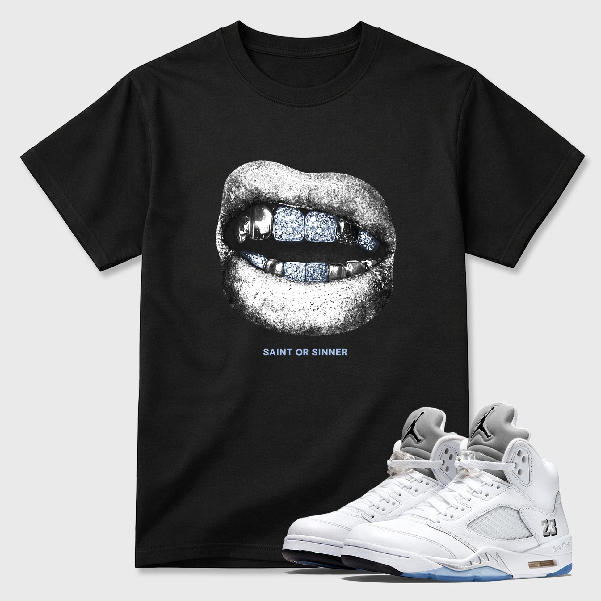 Sneaker match tees – Sneaker Tees To Match Air Jordan 5 White Metallic Shoes – Saint Or Sinner Tee Black 1