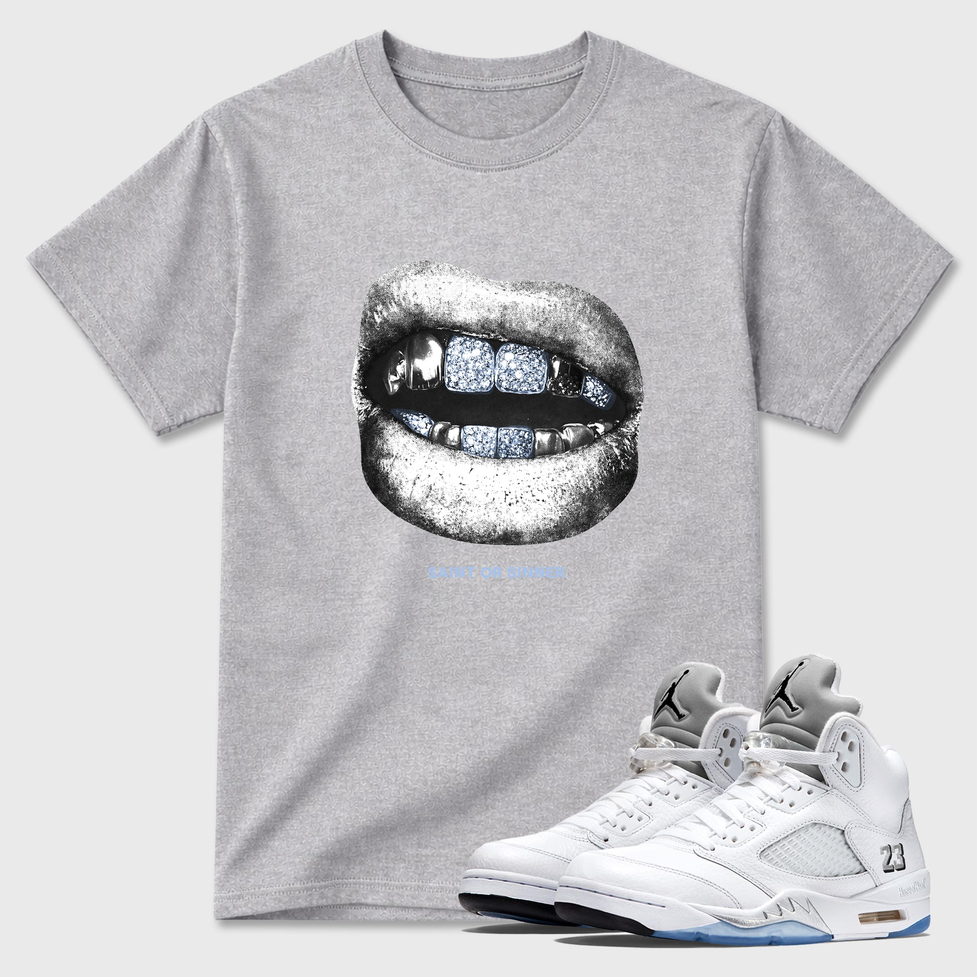 Sneaker match tees – Sneaker Tees To Match Air Jordan 5 White Metallic Shoes – Saint Or Sinner Tee Heather Grey 1