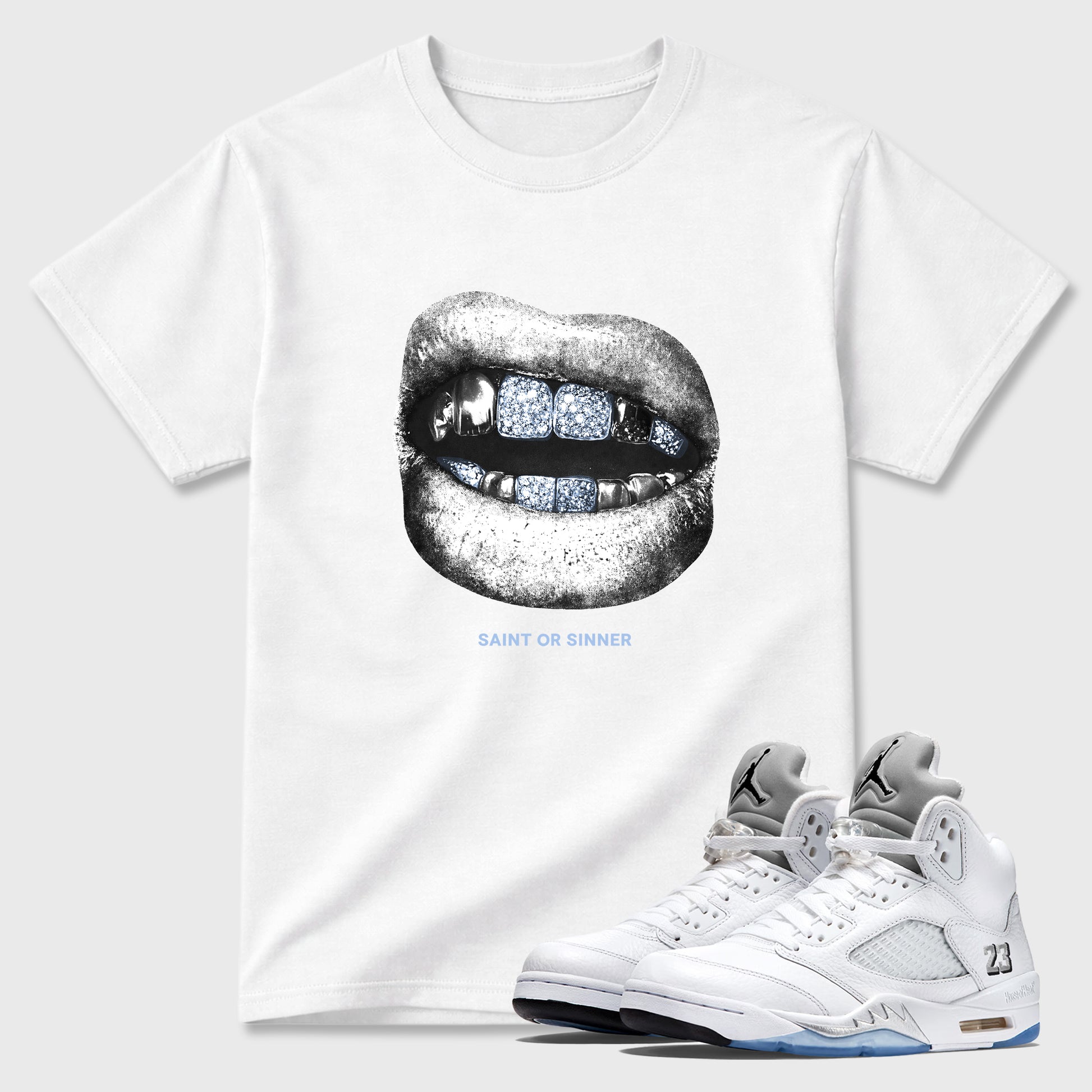Sneaker match tees – Sneaker Tees To Match Air Jordan 5 White Metallic Shoes – Saint Or Sinner Tee White 1