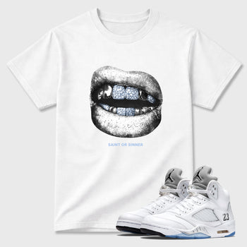 Sneaker match tees – Sneaker Tees To Match Air Jordan 5 White Metallic Shoes – Saint Or Sinner Tee White 1