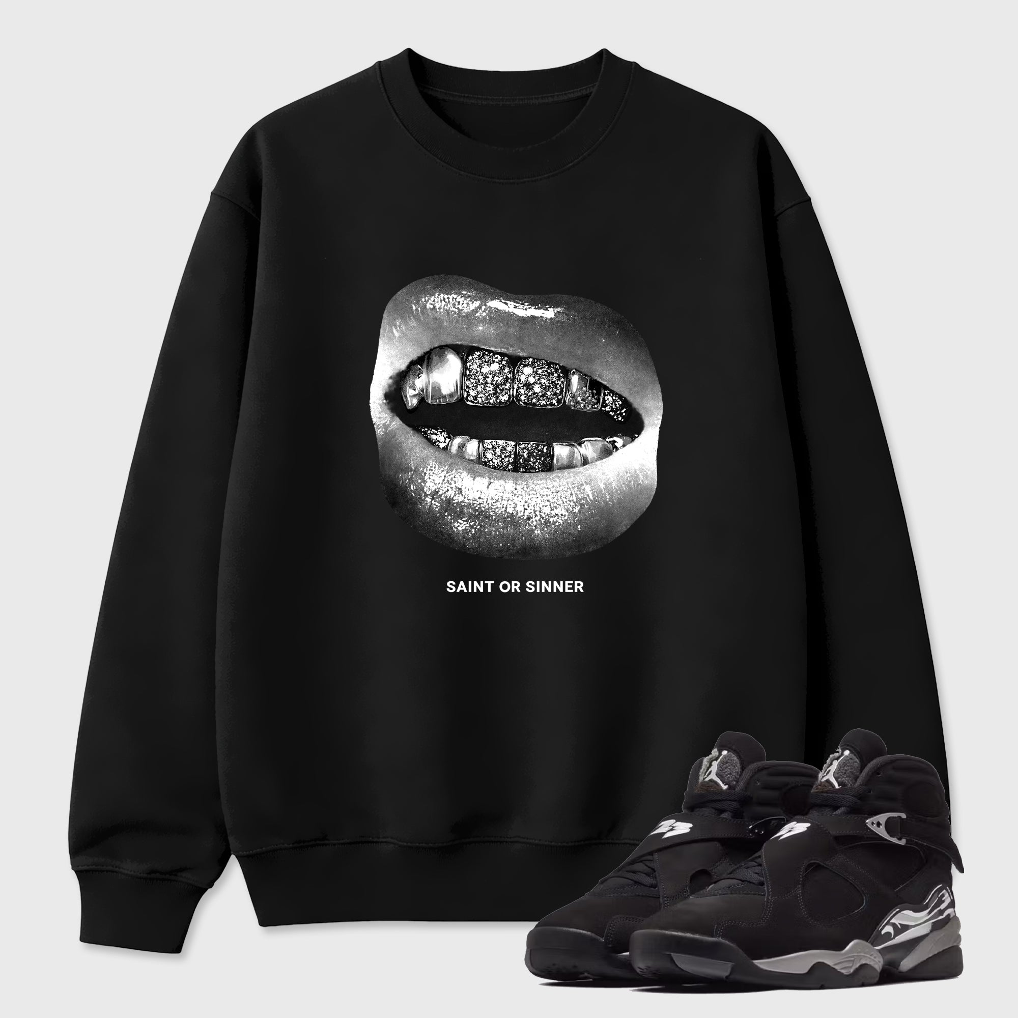 Saint or Sinner Graphic T-Shirt featuring original streetwear artwork designed to match the Air Jordan 8 Chrome. Black 1 Graphic Tee.