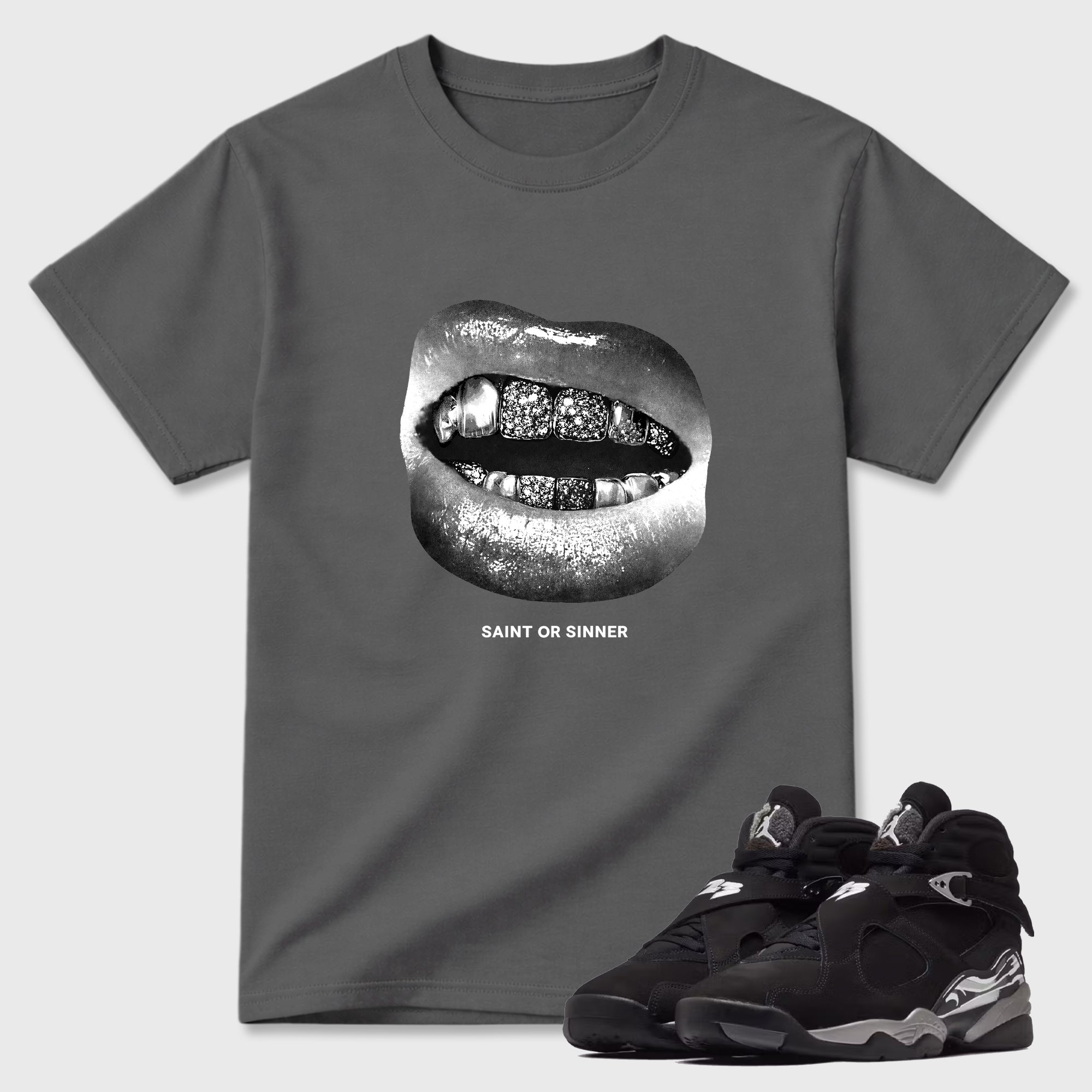 Saint or Sinner Graphic T-Shirt featuring original streetwear artwork designed to match the Air Jordan 8 Chrome. Cool Grey 1 Graphic T-Shirt.