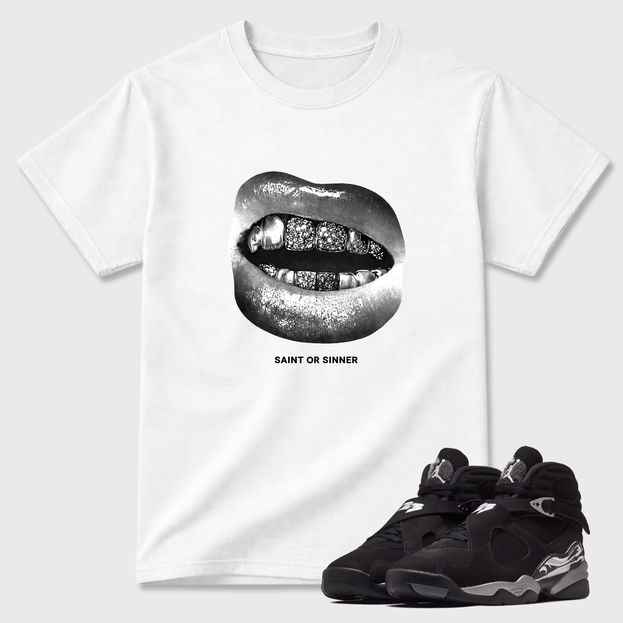 Saint or Sinner Graphic T-Shirt featuring original streetwear artwork designed to match the Air Jordan 8 Chrome. White 1 Graphic T-Shirt.