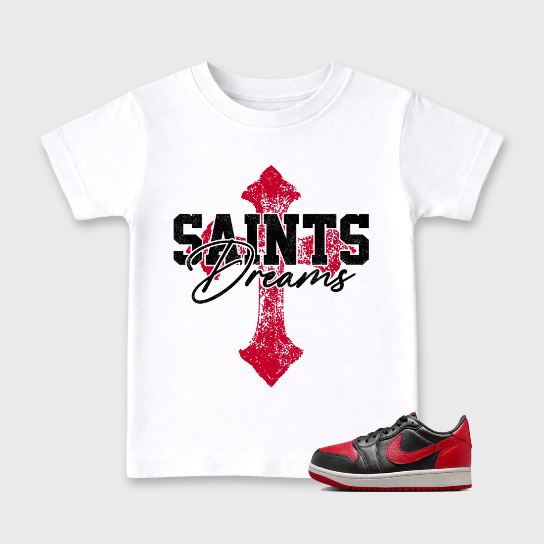 Sneaker match tees – Sneaker Tees To Match Air Jordan 1 Banned Shoes – Saints Dreams Kids T-Shirt White 1