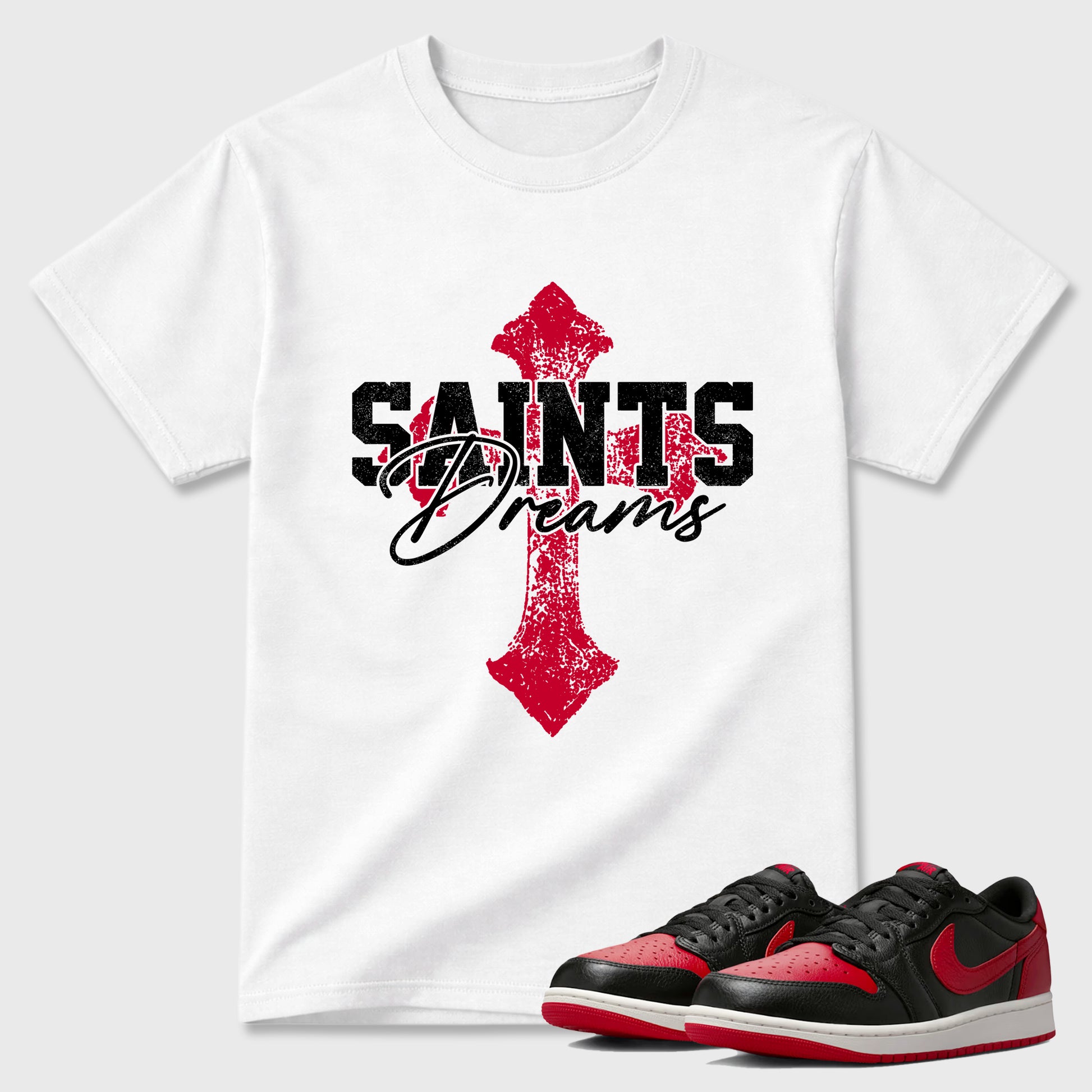 Sneaker match tees – Sneaker Tees To Match Air Jordan 1 Banned Shoes – Saints Dreams Tee White 1