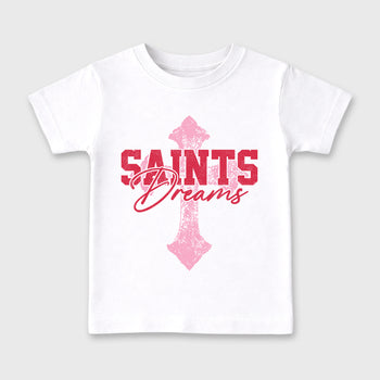 Saints Dreams affordable baby and kids t-shirt designed to match the Air Jordan 1 Travis Scott Tropical Pink, featuring coordinated White 2 options for the perfect little sneakerhead streetwear look.