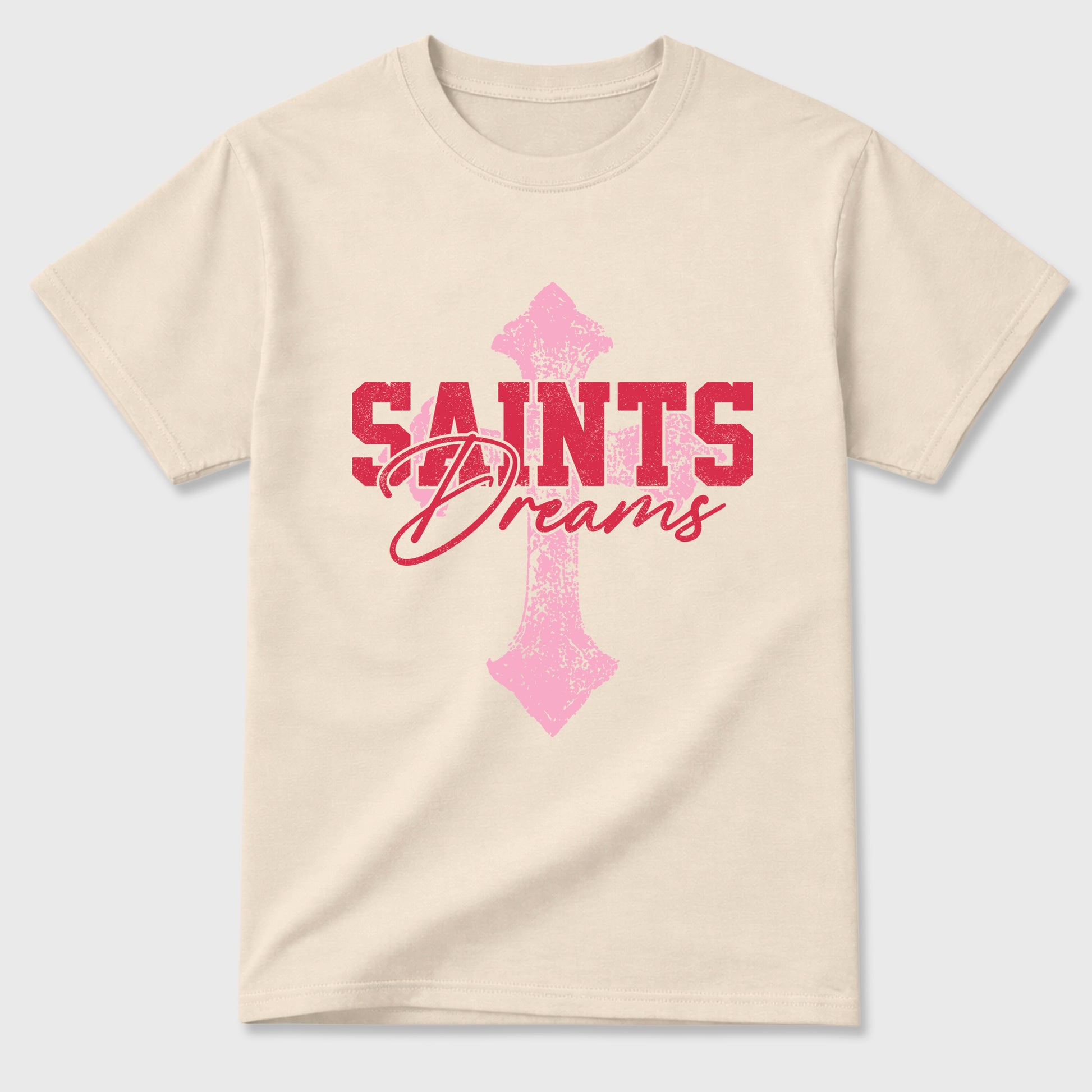 Saints Dreams Graphic T-Shirt sneaker match tee designed for the Air Jordan 1 Travis Scott Tropical Pink, featuring coordinated color options for a perfect streetwear match. Natural 2 shirt.