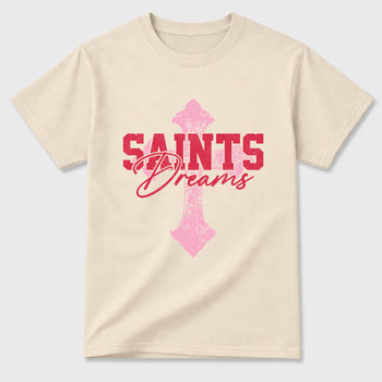 Saints Dreams Graphic T-Shirt sneaker match tee designed for the Air Jordan 1 Travis Scott Tropical Pink, featuring coordinated color options for a perfect streetwear match. Natural 2 shirt.