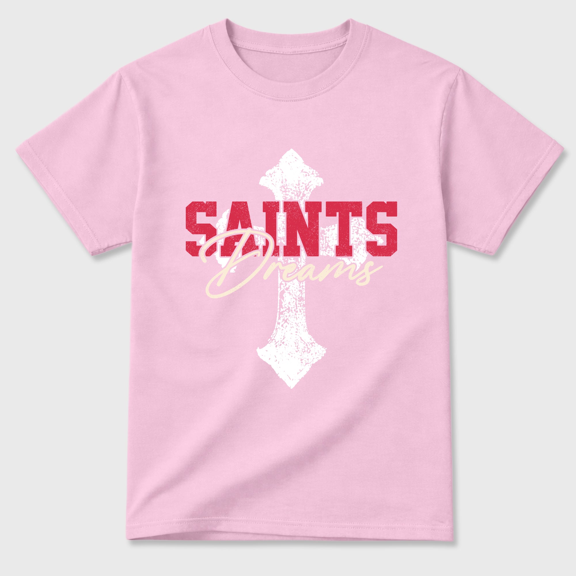 Saints Dreams Graphic T-Shirt sneaker match tee designed for the Air Jordan 1 Travis Scott Tropical Pink, featuring coordinated color options for a perfect streetwear match. Pink 2 shirt.